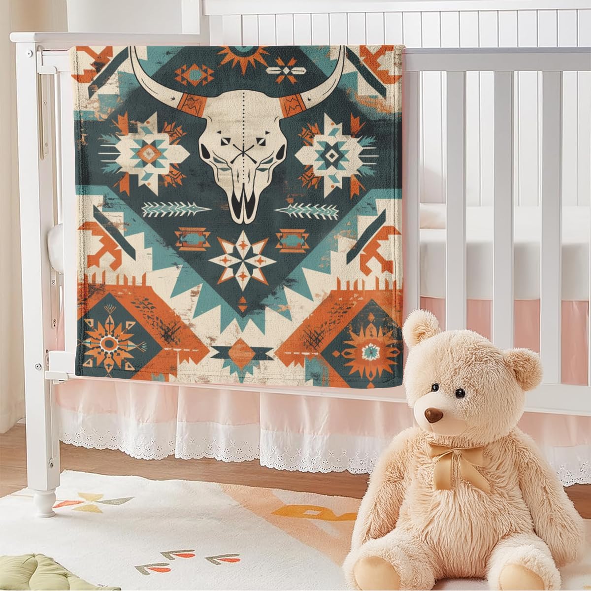 Southwestern Tribal Throw Blanket, Bull Skull Aztec Soft Fleece Blanket for Naps, Outdoor, Travel, Office, Gift (50 x 60 inch)