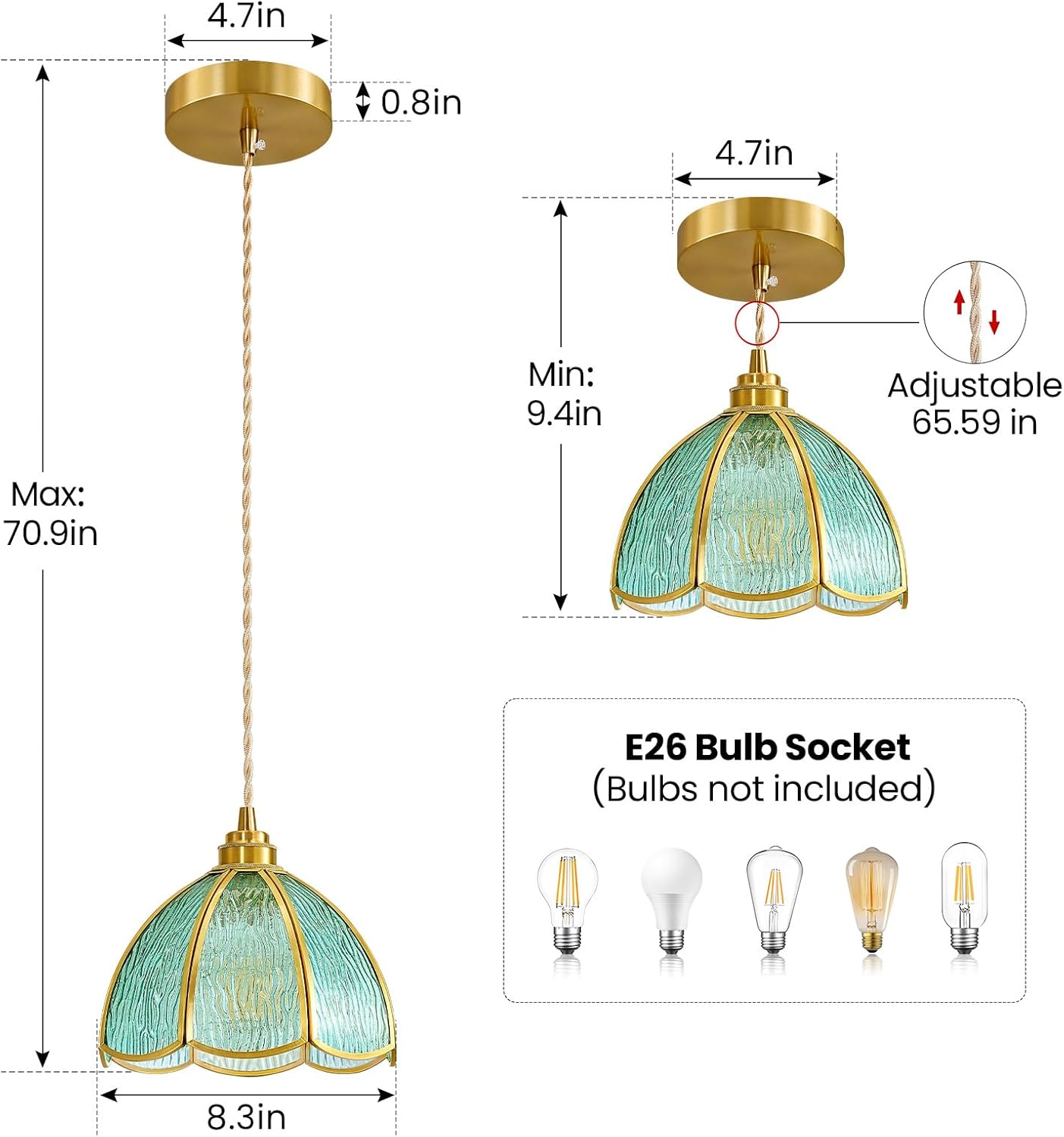 Adjustable Pendant Light for Kitchen Island with Blue Green Glass Shade - Vintage Farmhouse Hanging Light Fixture, Chandelier for Dining Room Hallway Entryway (1 Pack