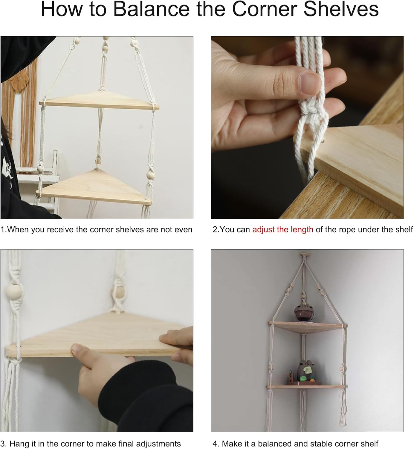 Artilady Corner Shelf White Wall Hanging - 2 Tier Wood Floating Shelves, Rustic Boho Wall Shelf Decor Hand Woven Cotton Rope Storage Rack for Plants Pots Photo Frames (White)