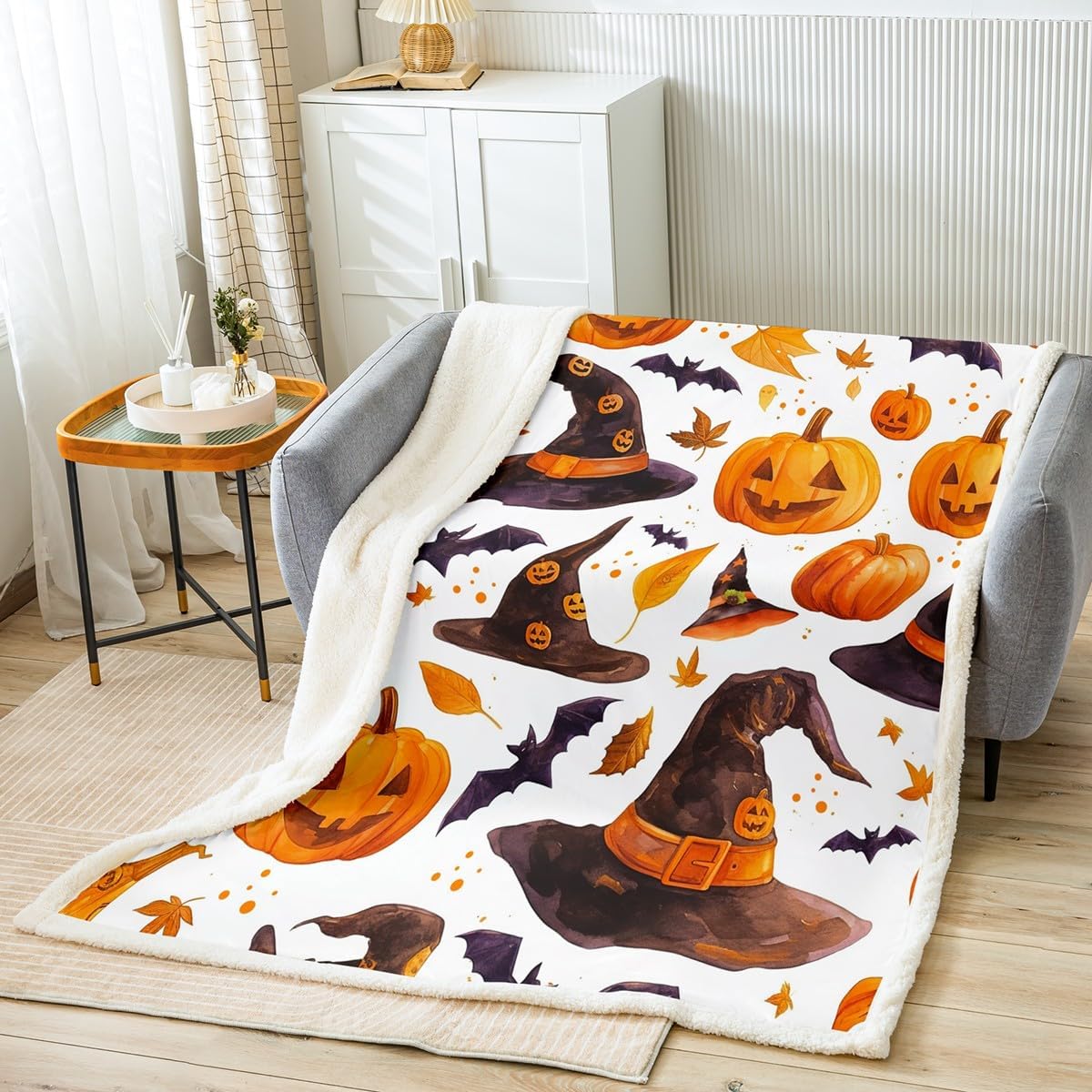 Halloween Decorations Fleece Flannel Throws Pumpkin Bats Throw Blankets Toddlers Teens Adults Halloween Hat Themed Soft Cozy Fleece Blankets Black Orange for Sofa Bed Couch,Throw 50x60 Inches