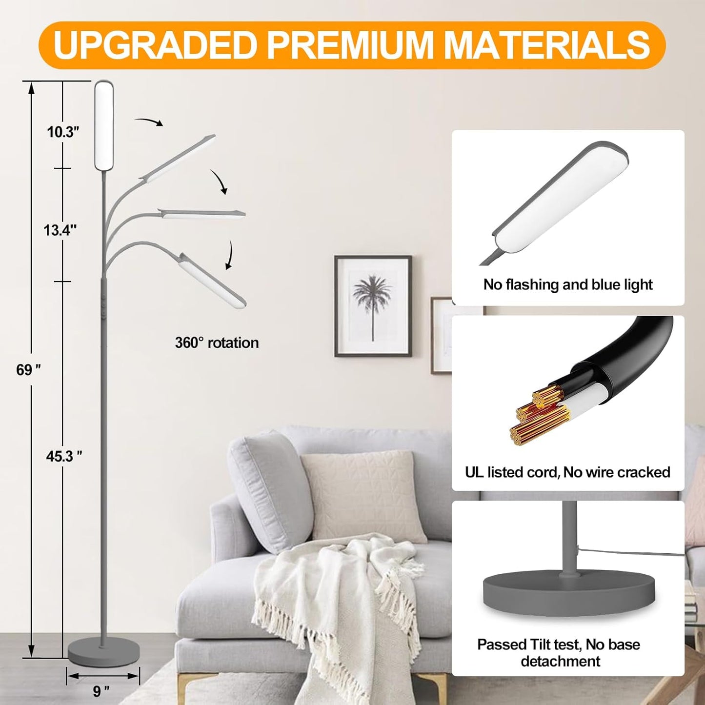 Grey LED Floor Lamp, 18W 1800LM Bright Floor Lamps with Remote & Works with Smart Plug, Dimmable Timing Eye Caring Reading Light Modern Standing Floor Lamp for Living Room Bedroom Office