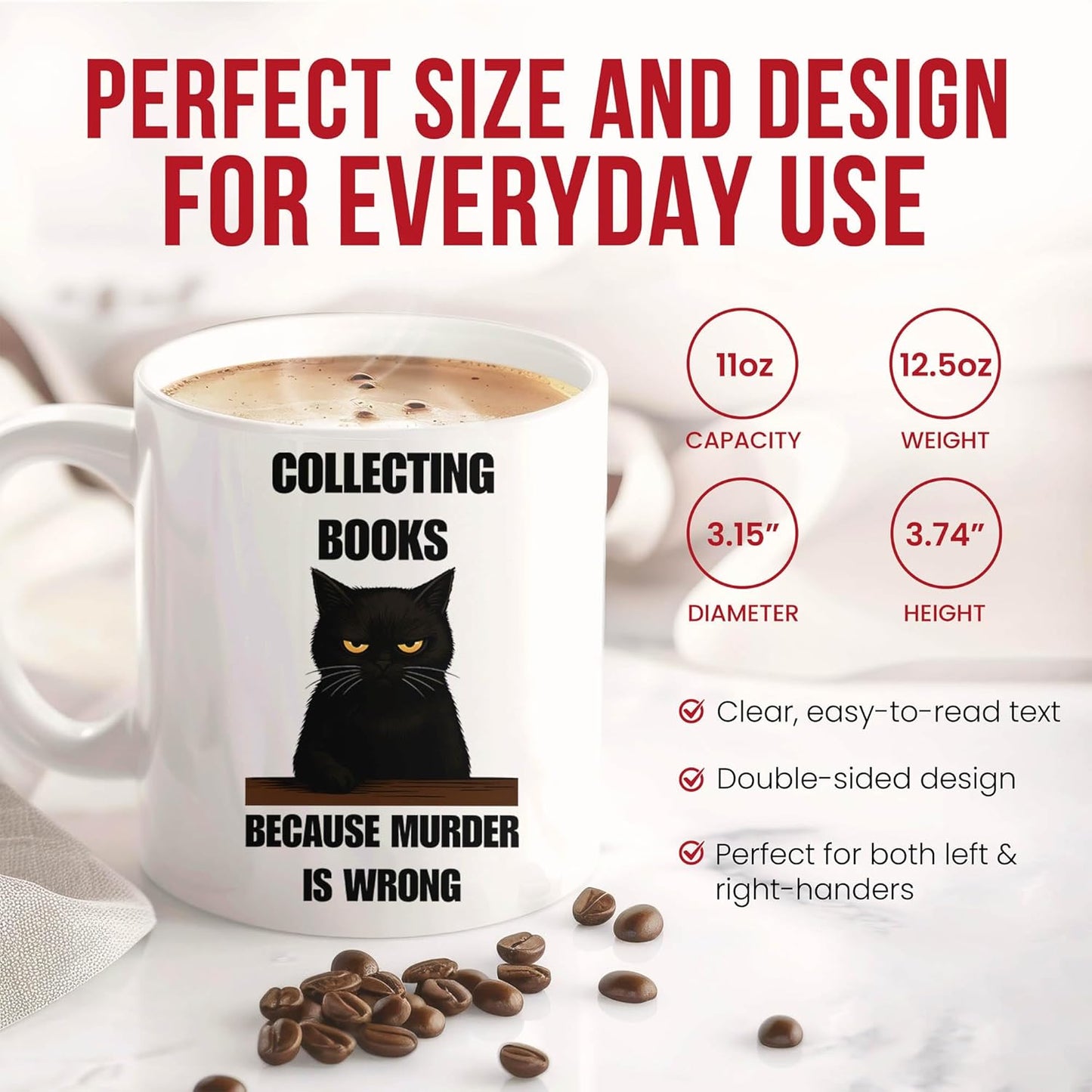Collecting Books Because Murder Is Wrong Mug - Literary Enthusiast Coffee Cup - Bookworm Funny Gift From - Reading Lover Tea Mugs - Page Turner Cups - 11 Oz Ceramic Gifts For Bibliophiles, Birthday