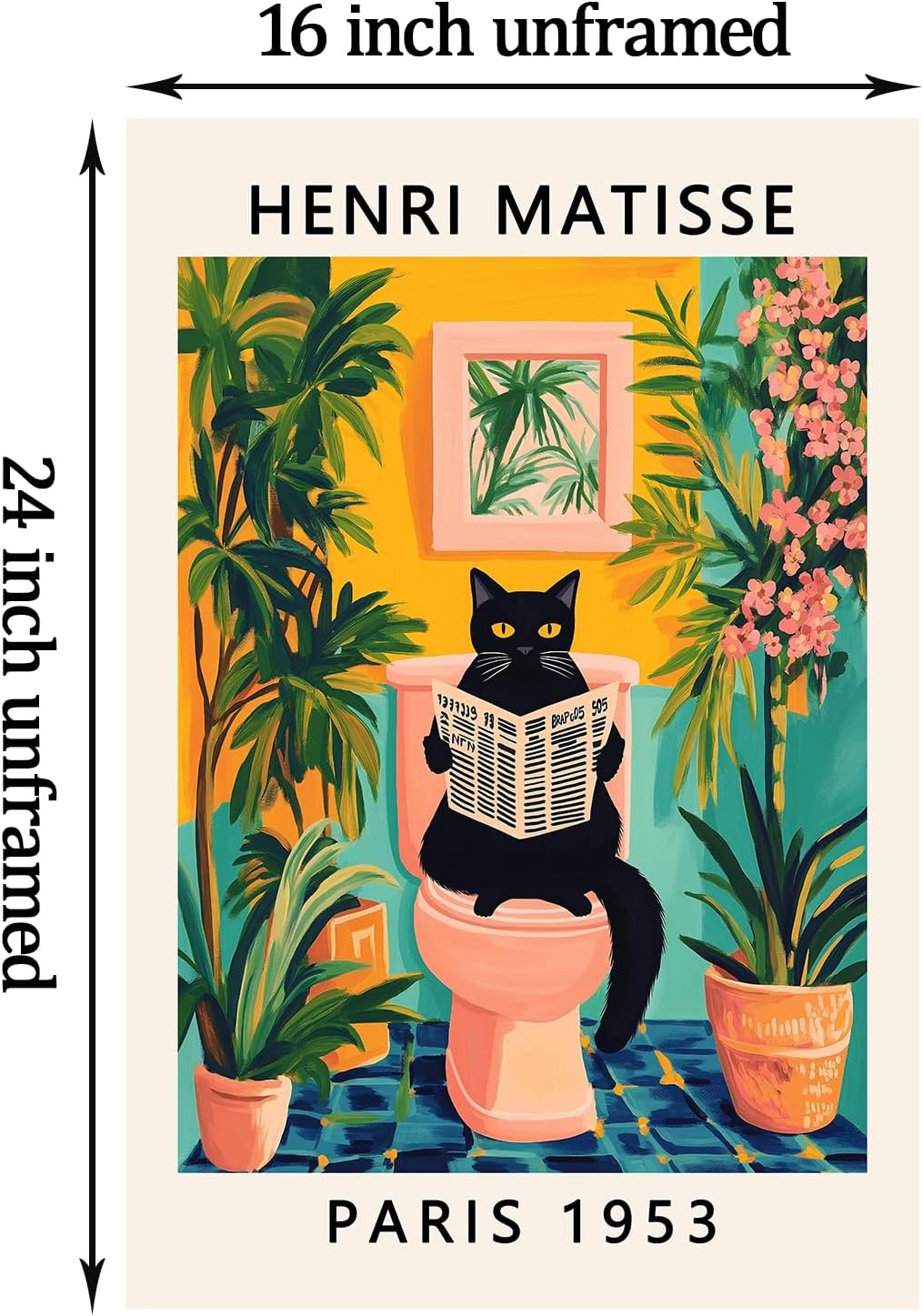 Matisse Black Cat Wall Art Funny Animal Aesthetic Posters Aesthetic Preppy Pictures Boho Artwork For Bathroom Black Cat On Toilet Reading Newspaper Wall Art Matisse Botanical Prints 16x24in Frameless
