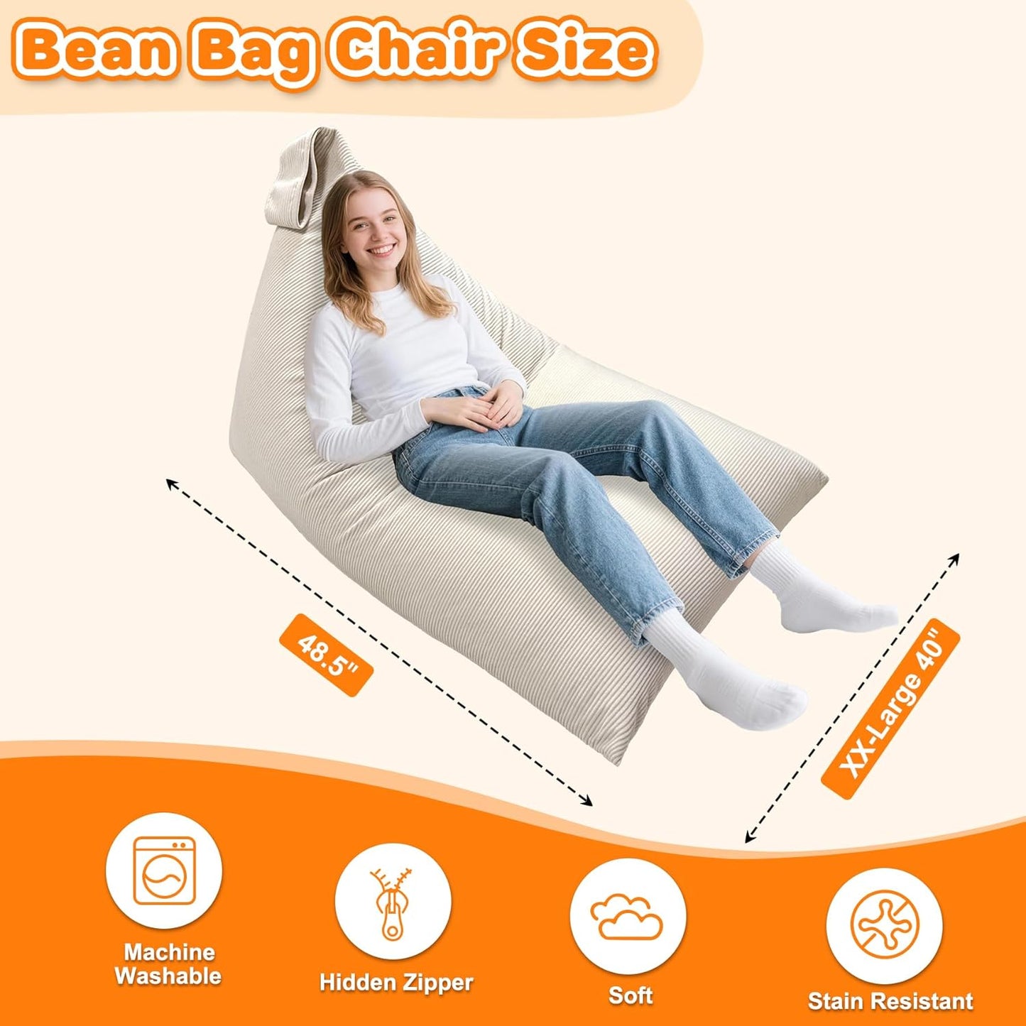 Lukeight Bean Bag Lounger Chair with Memory Foam for Kids Teens Adults, Bean Bag Sofa with Removable Cover, Cozy Beanbag Chair for Living Room, Lazy Sofa for Gaming and Reading, XX-Large