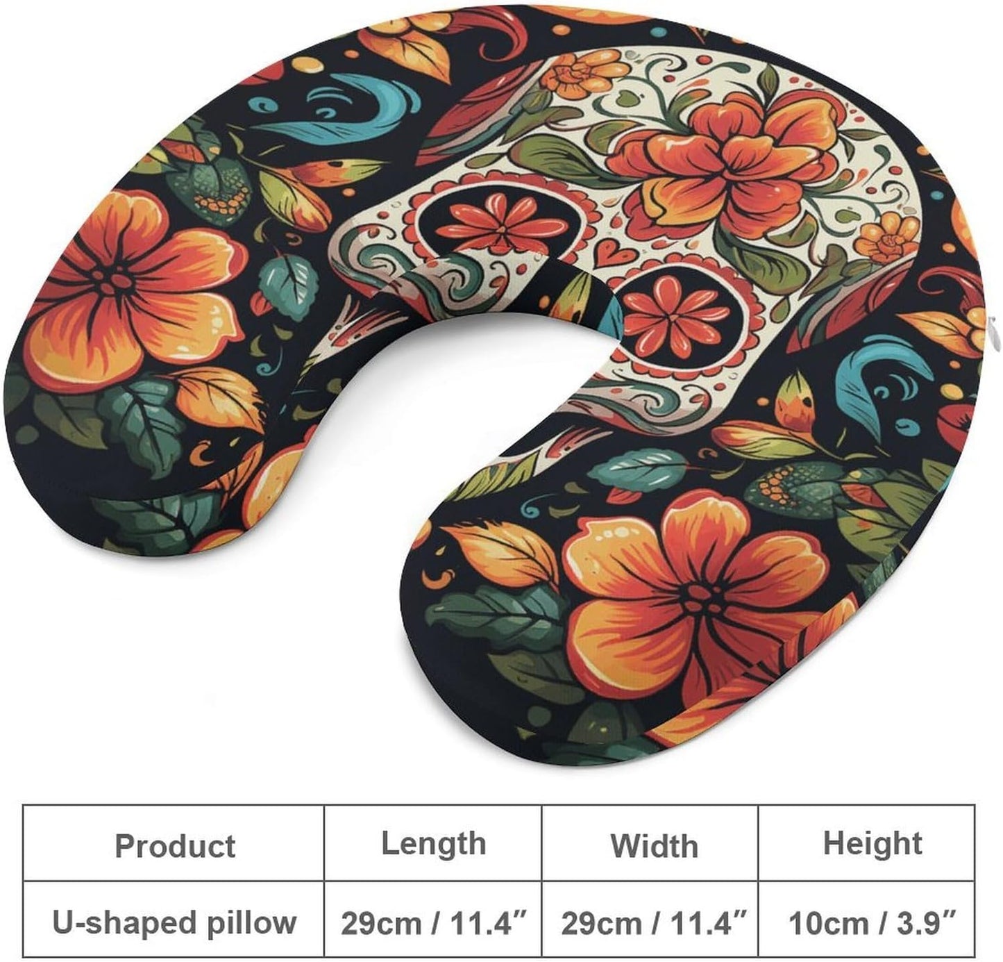 Colorful Sugar Skull Neck Pillow Memory Foam U Shaped Pillows Portable Pillows for Shoulder Travel Head Support Pillow with Concealed Zipper for Airplane Car Home Office