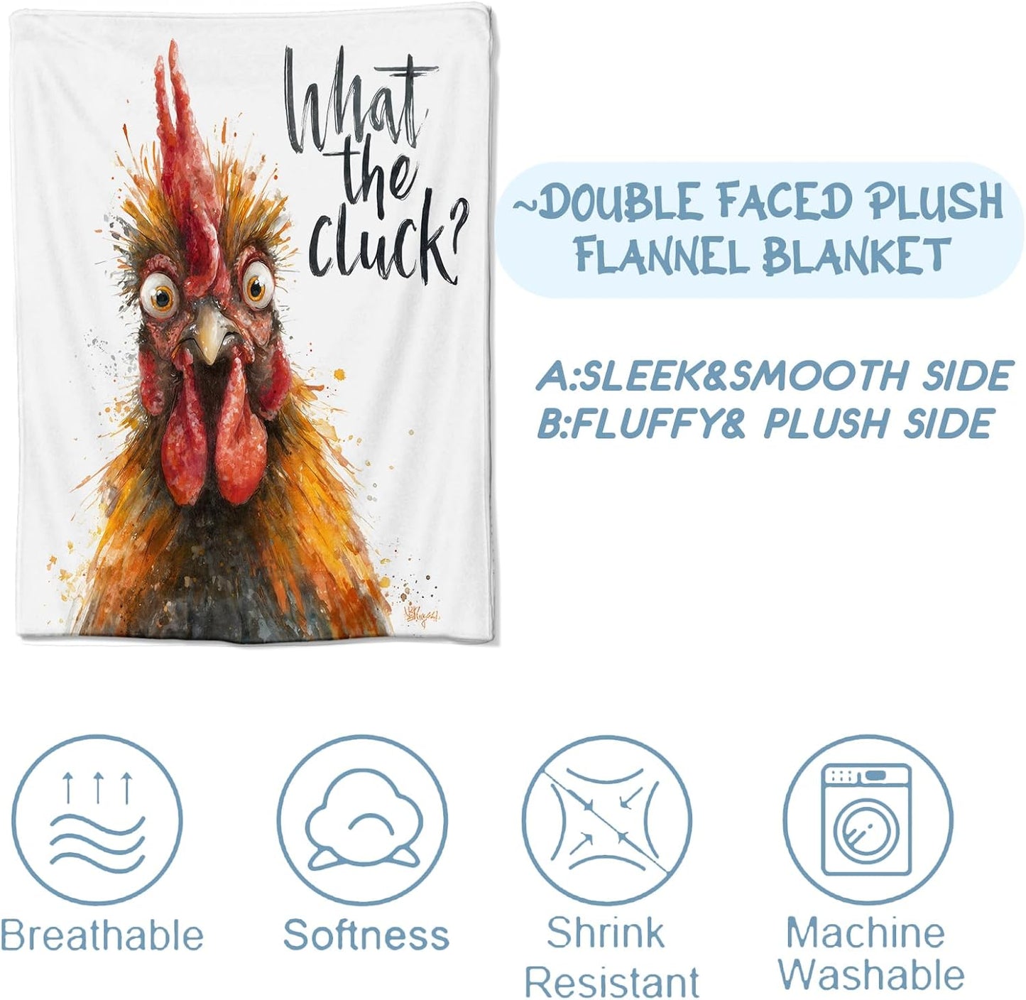 Watercolor Rooster Blanket,Humorous Gifts for Farm Animal Lovers,Soft Lightweight Flannel Throw Blankets,Playful Chicken Throws Rustic Home Decor,for Camping Living Room Office,60x50inch