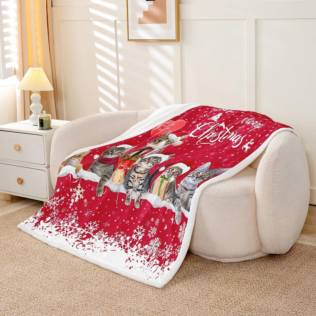 Merry Christmas Cat Fleece Throw Sherpa Blanket Xmas Snowflake Pet Sherpa Cute Kitten Print Plush 3D Animal Red White Warm Fuzzy 60"x80" Twin Bedroom Decor
