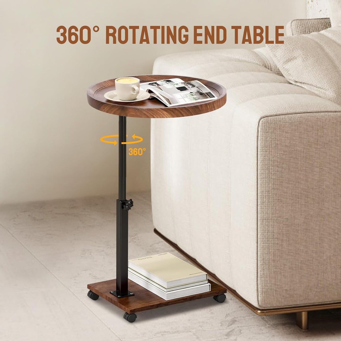 Adjustable C Shaped Side Table, C Table End Table with Wheels for Sofa, 360° Swivel Sofa Table for Livingroom,Bedroom,Study and Small Spaces,Bedside Table (Round,Walnut Wood)
