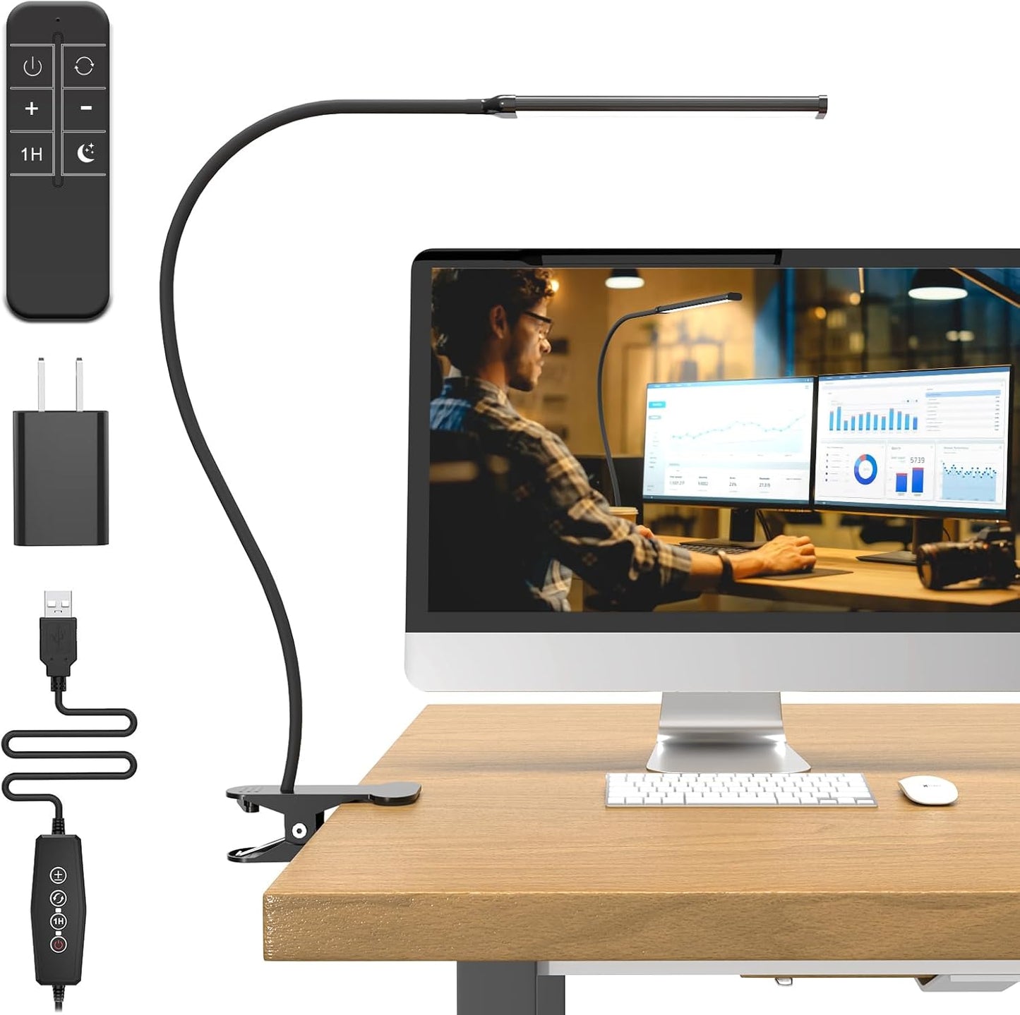 Desk Lamp with Remote, 3 Color & 5 Brightness & 77LED Dimmable Reading Lamp, 27.6'' Flexible Gooseneck Clamp Lamp, Eye-Caring Clip on Light with Adapter for Reading Study Workbench Drafting