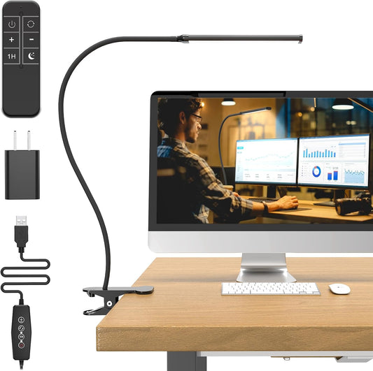 Desk Lamp with Remote, 3 Color & 5 Brightness & 77LED Dimmable Reading Lamp, 27.6'' Flexible Gooseneck Clamp Lamp, Eye-Caring Clip on Light with Adapter for Reading Study Workbench Drafting