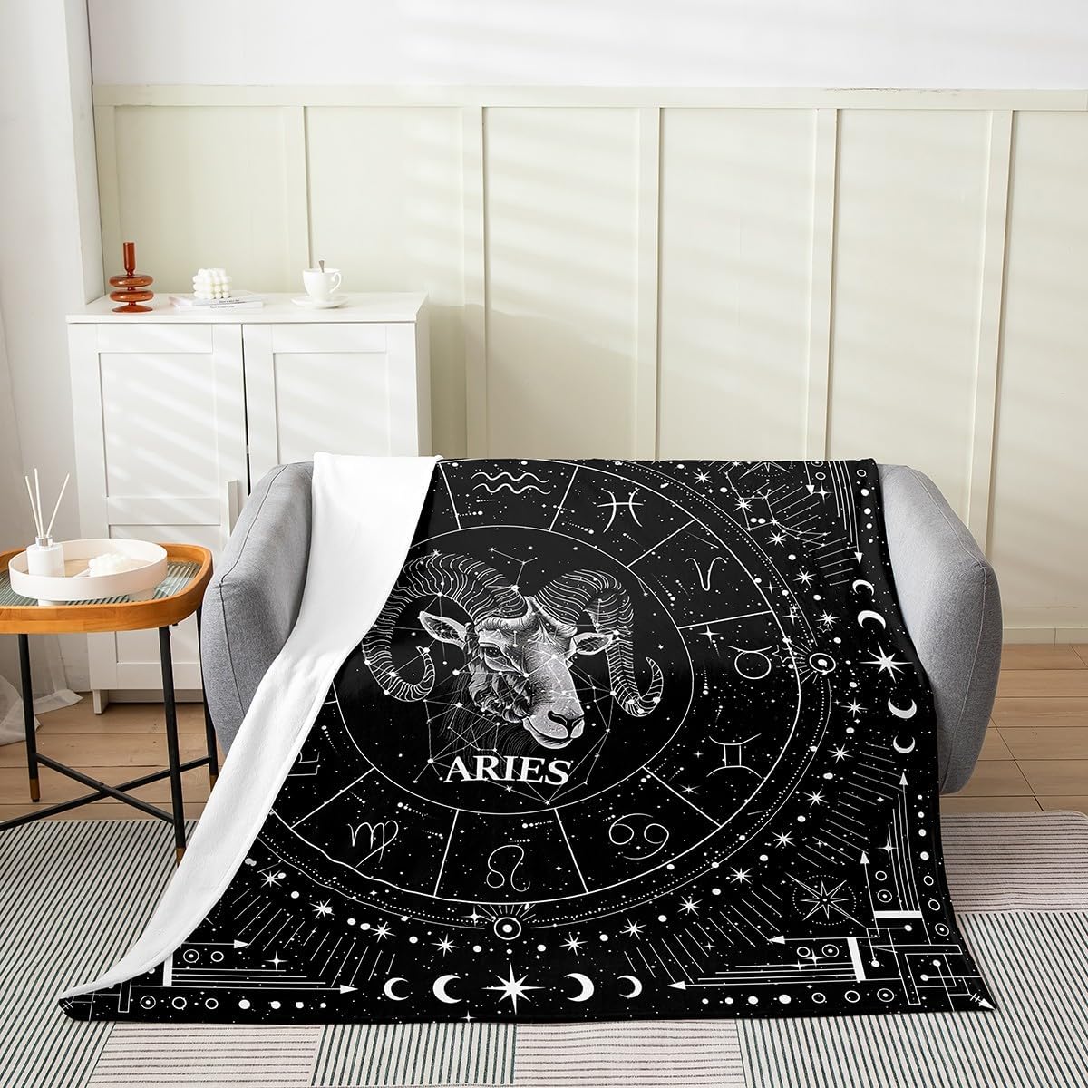 Feelyou Aries Blanket 40"x50" Zodiac Plush Throw Blanket, for Sofa Couch Kids Boys Girls Decor Psychedelic Flannel Fleece Blanket Twelve Constellations Black Bedroom