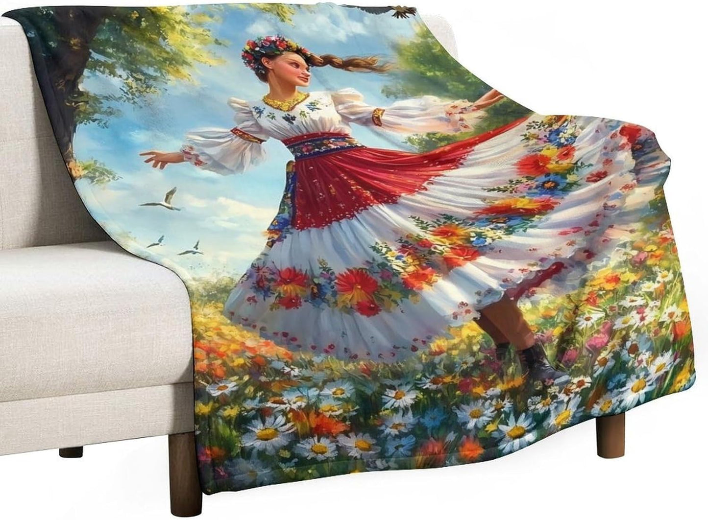 Ukrainian Woman Flower Field Throw Blanket for Couch Bed Plush Cozy Fuzzy Flannel Blanket for All Season 60"x80"