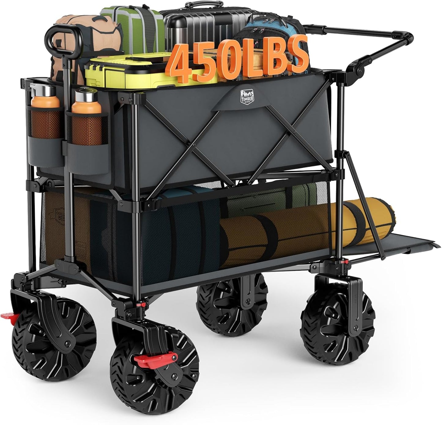 TIMBER RIDGE Push & Pull Double Decker Wagon, 400L Large Capacity Heavy Duty & 450lb Load, Collapsible Cart with All-Terrain Wheels & Brakes, 54” Extended Foldable for Sports, Beach, Camping, Grey