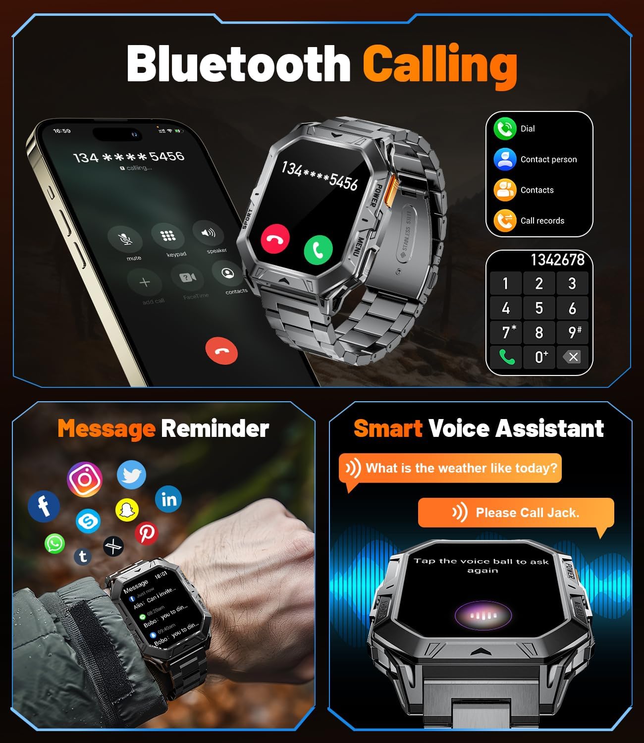 LIGE Military Smart Watches for Men(Answer/Make Calls),100-Day Battery Life,2.13" AMOLED Outdoor Sports Smartwatch with Compass,Fitness Tracker with 100+Sports Modes for Android iOS,AI Voice