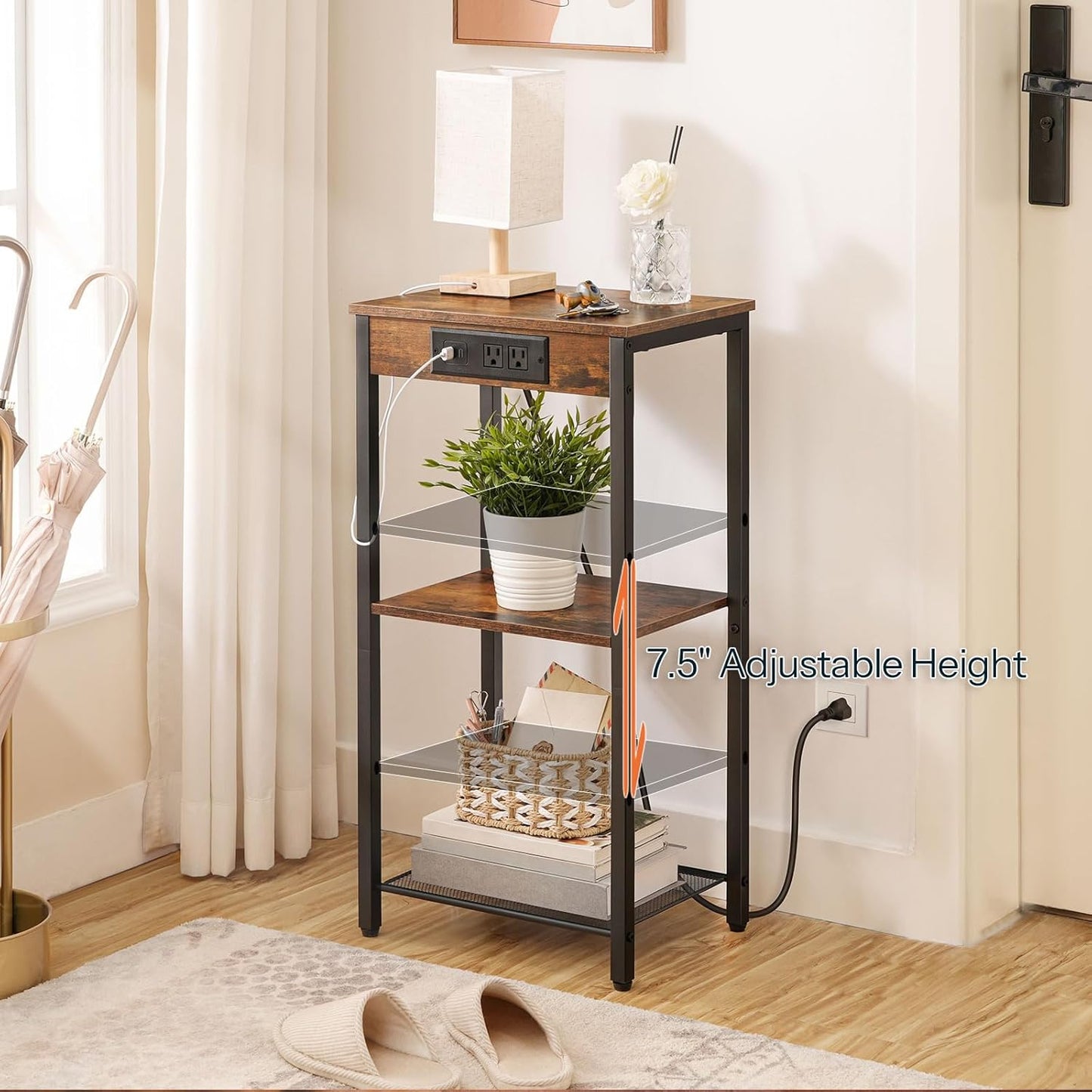 HOOBRO Tall End Table with Charging Station, 30 Inch Slim Tall Nightstand, 3-Tier Narrow Side Table with Adjustable Shelf, for Living Room, Bedroom, Small Space, Hallway, Rustic Brown BF09UDH01G1