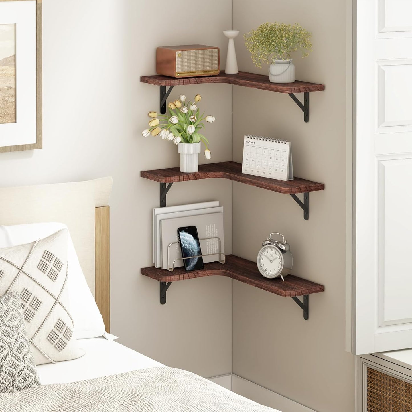 YGEOMER Corner Floating Shelves, Wall Mounted Corner Shelf for Bathroom, Kitchen, Bedroom, Home Decor, Laundry Room, Living Room(Set of 4 Walnut Brown)