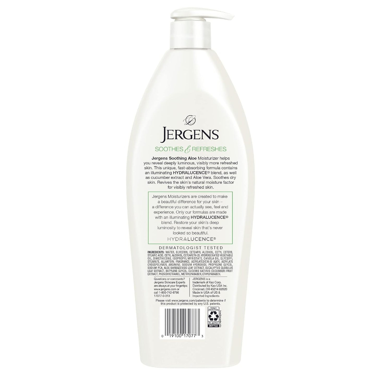 Jergens Soothing Aloe Body Lotion, Aloe Vera Body and Hand Moisturizer, Illuminating Hydralucence Blend, with Cucumber Extract, Dermatologist Tested, 21 Oz