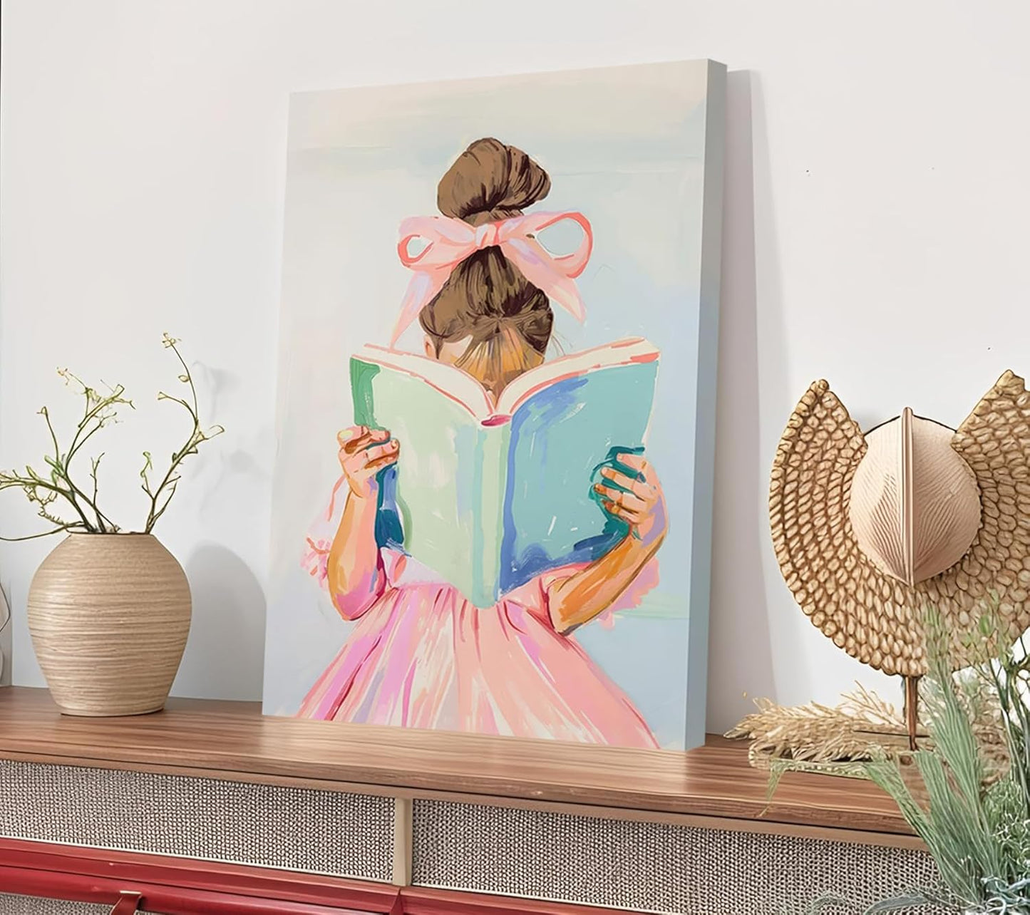 Brown hair girl reading book canvas wall art children reading wall decor picture Pastel little girl poster print pink bow aesthetic artwork for gallery library reading nook decoration,16x24in