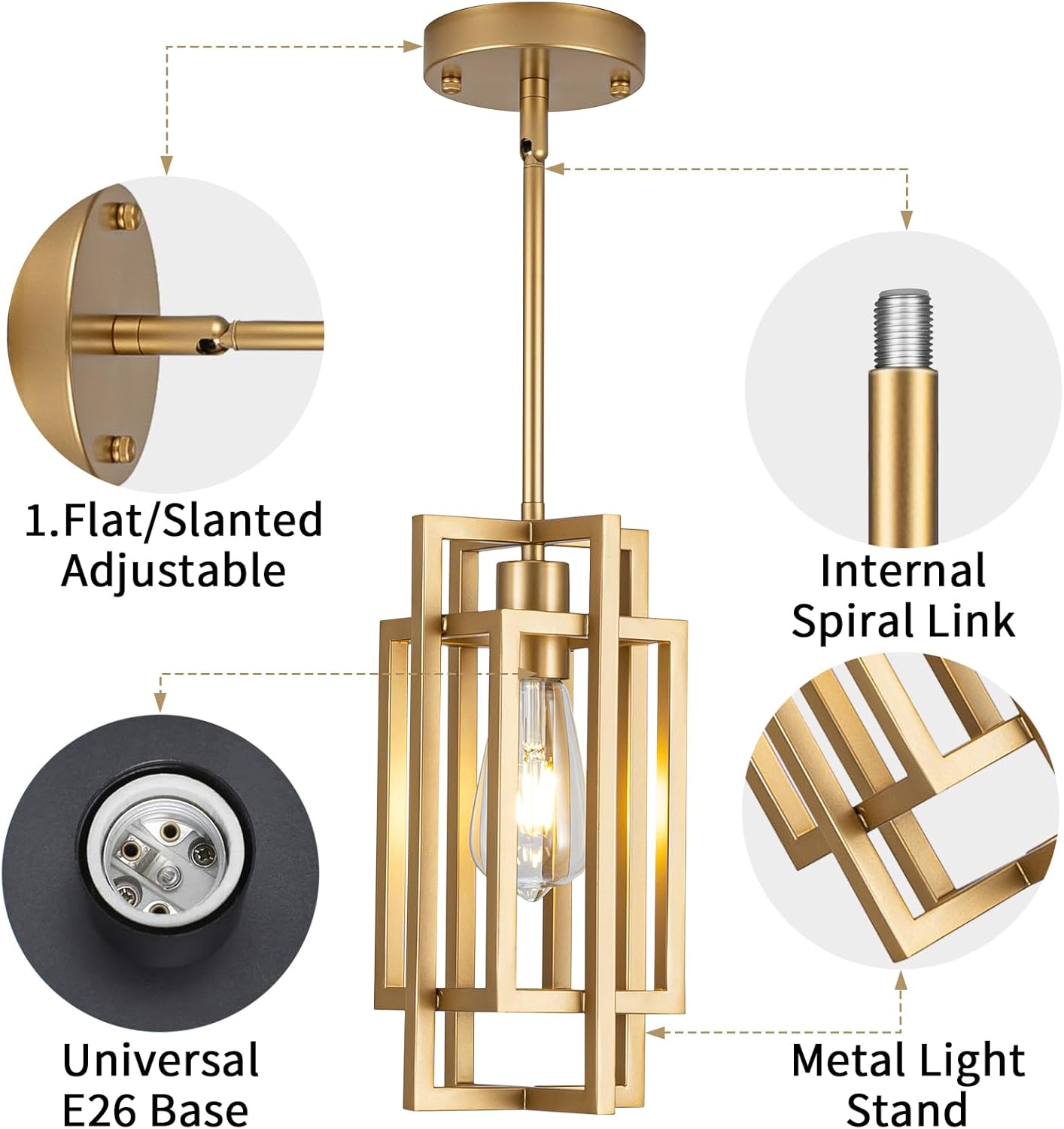 Farmhouse Pendant Light Fixtures, Gold Modern Pendant Lights 59'' Adjustable Small Square Pendant Ceiling Hanging Light for Kitchen Island Dining Room Entryway