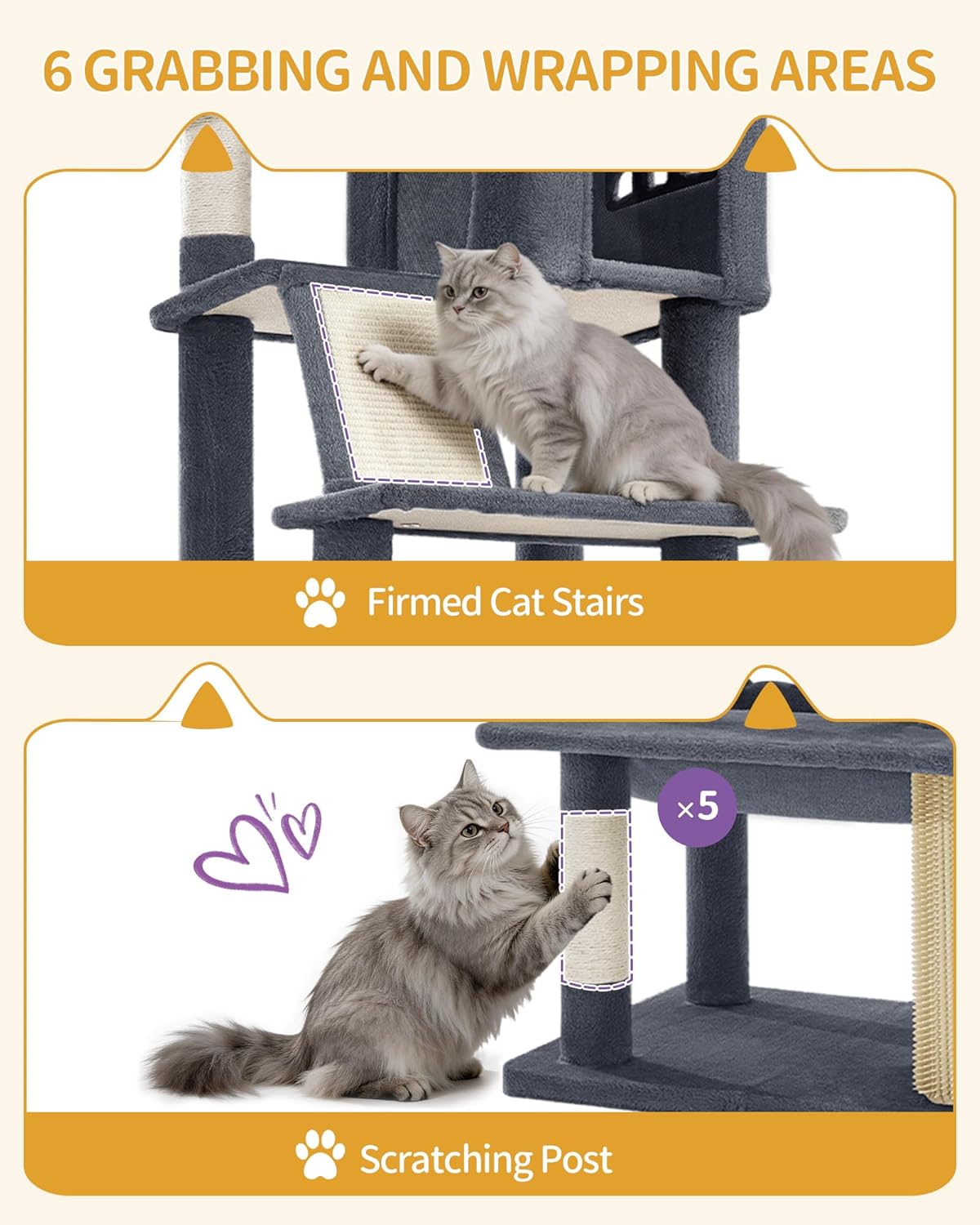 Large Sturdy Cat Tree Tower, 75 Inch Tall Pet Condo for 7 Large Cats, Cat Tree Indoor Climbing Activity Tower, 2 Large Platform/2 Cave/2 Hanging Basket/5 Scratching Post, Dark Grey MS19018SG
