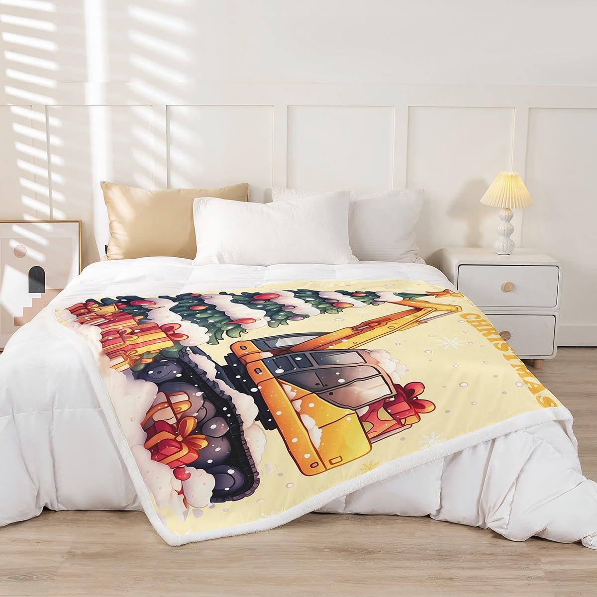 Christmas Excavator Flannel Blanket,Yellow Construction Vehicle Truck Fleece Blanket for Room Decor,Xmas Gifts Snowy Pines Trees Winter Snowflake Throw Blanket for Sofa Couch,Throw 50"x60"