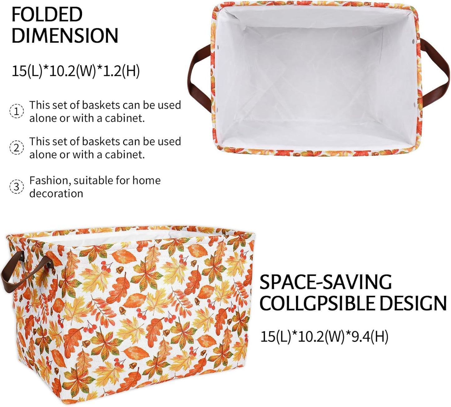 JarThenaAMCS 2Pcs Fall Storage Basket with Handles Maple Leaf Cube Storage Bin Foldable Fabric Container Organizer Box for Autumn Thanksgiving Home Office Dorm Closet Shelf Toy
