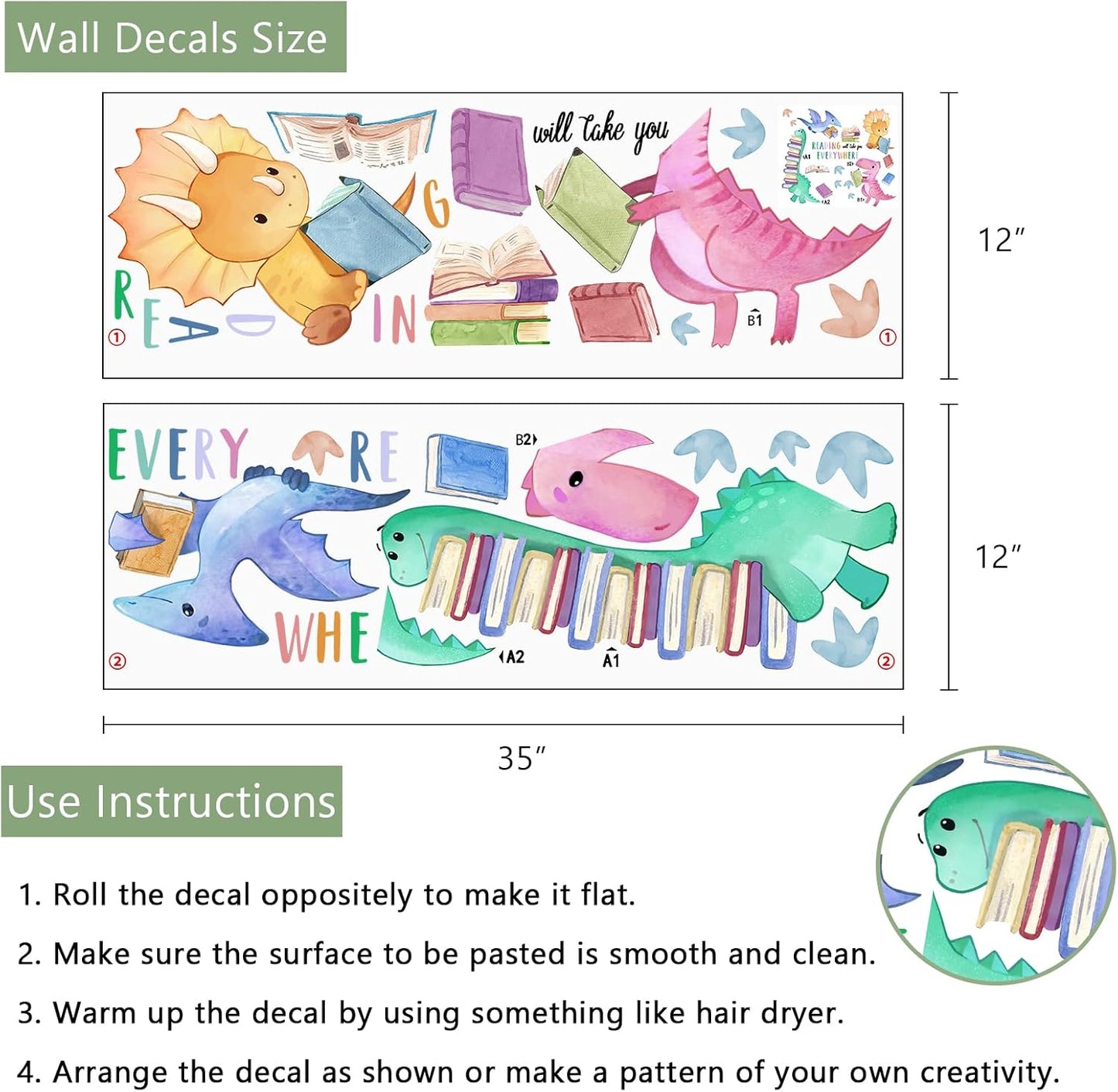 Yovkky Dinosaur Book Reading Corner Inspirational Wall Decals Stickers, Reading Will Take You Everywhere Toddler Nursery Classroom Decor, Positive Quote Home Decorations Kids Bedroom Study Room Art