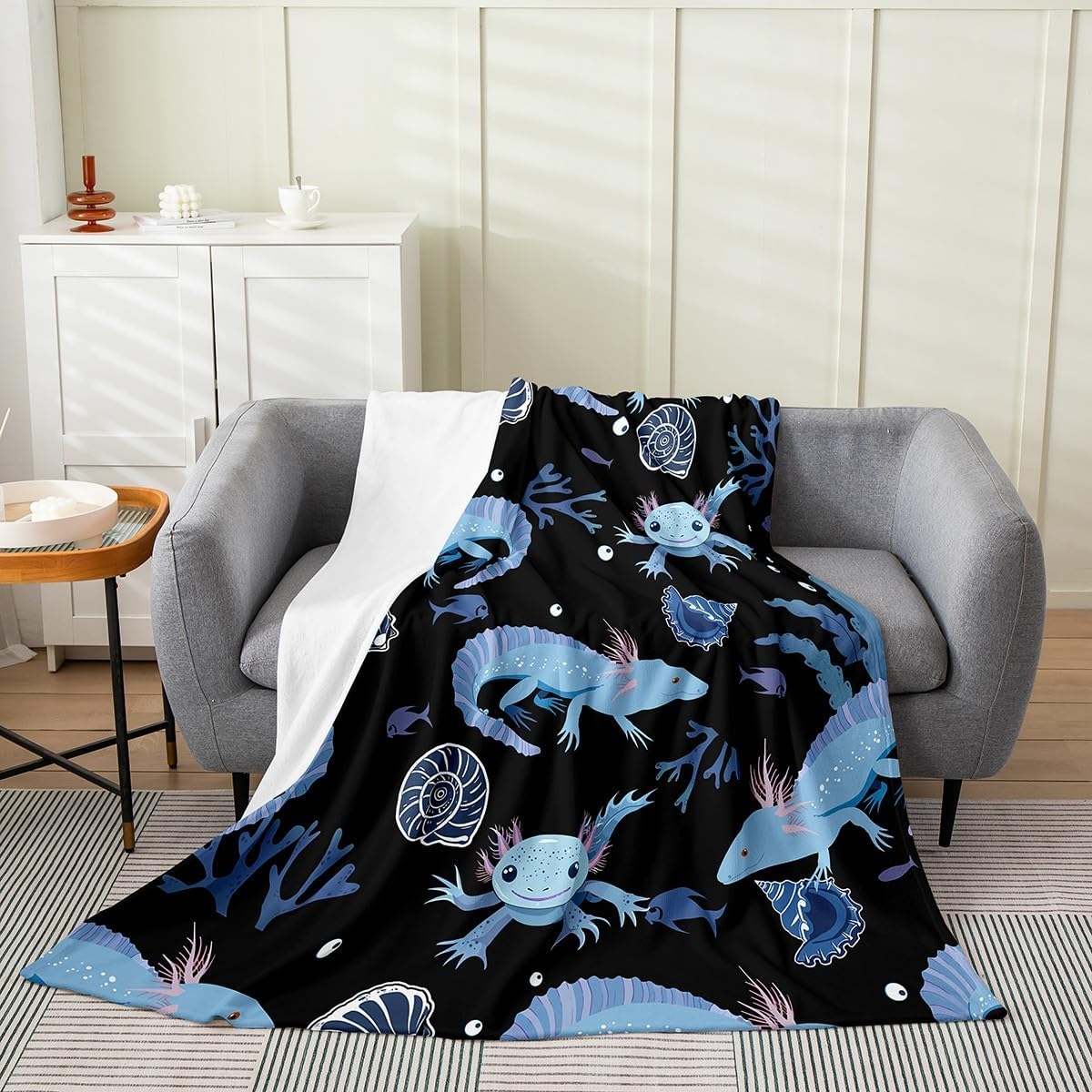 Cartoon Axolotl All Season Bed Blanket, Kawaii Axolotl Fleece Fuzzy Plush Blanket 3D Animals Flannel Throw Blanket, for Bed Sofa Couch Kids Salamander Black Blue Ultra Soft Room Decor Queen 90"x90"
