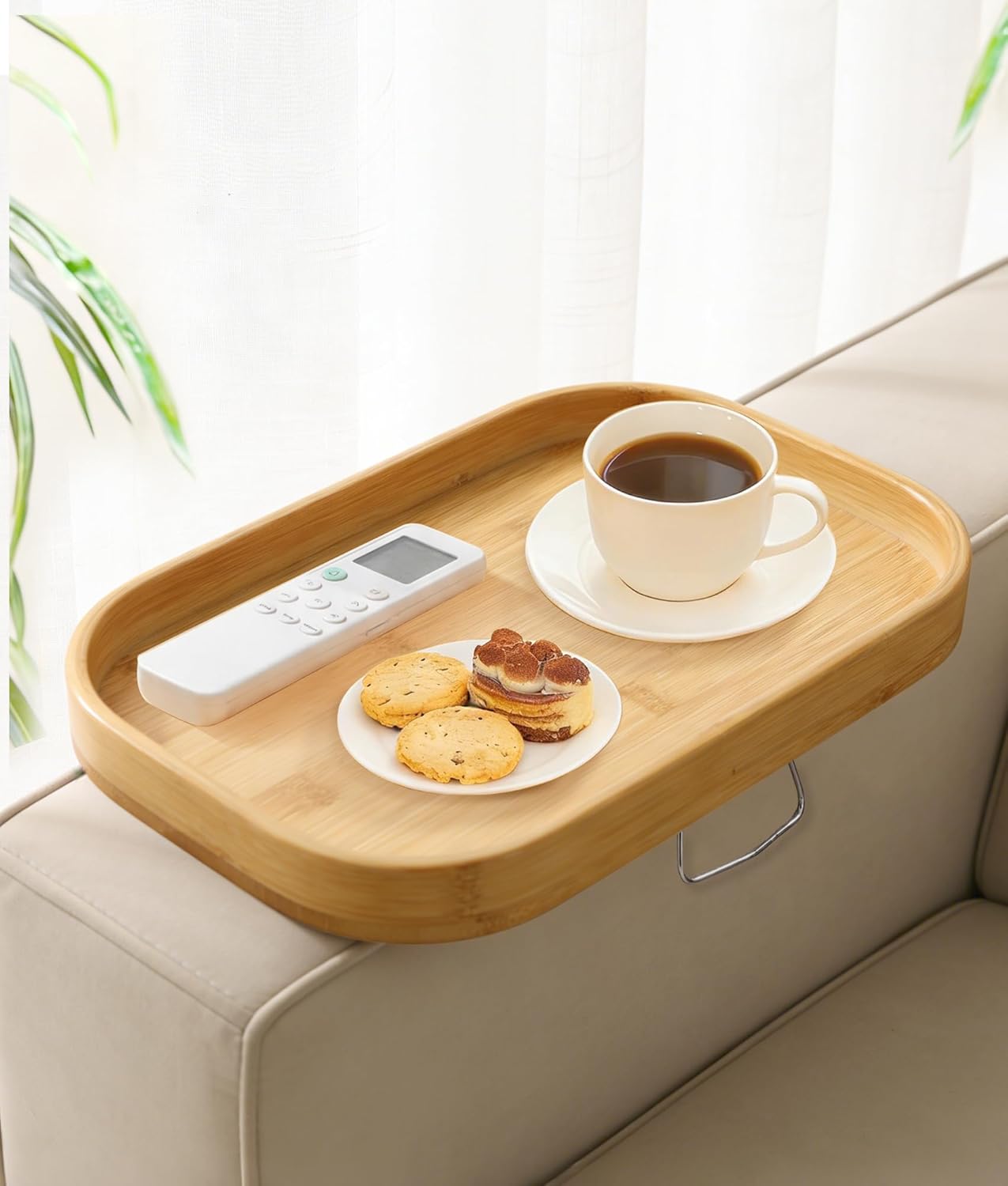 Bamboo Couch Arm Tray Table, Adjustable Clip-On Sofa Armrest Tray with Support Leg & Non-Slip Pads, 3-in-1 Serving Tray Fits Wide & Narrow Couch Arms for Drinks, Snacks, Remote
