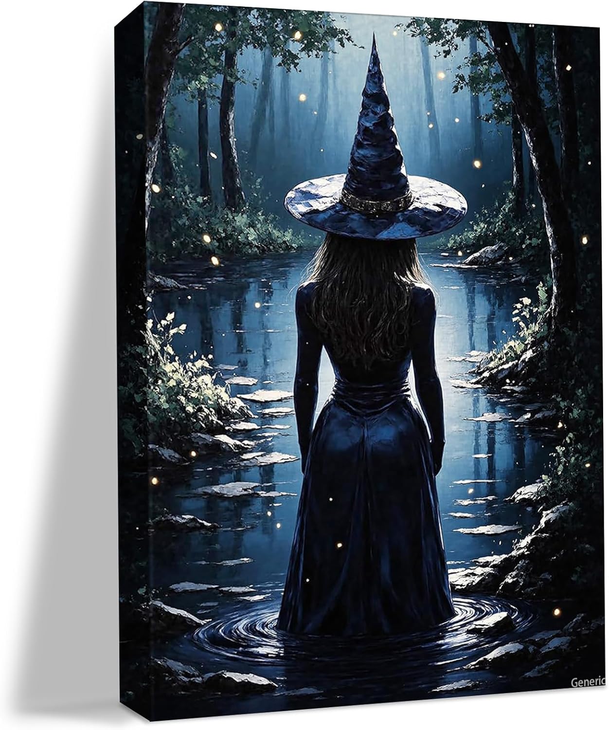 Witch in the Firefly Forest Lake Halloween Canvas Wall Art Vintage Poster Spooky Horror Decor Autumn Dark Art Print for Gothic Living Room Bedroom Decor 8x10inch Frame