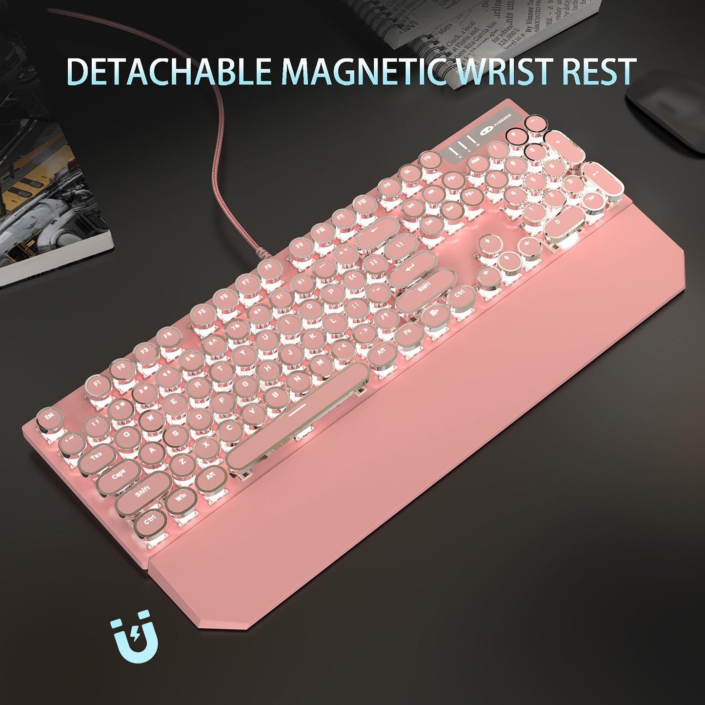 Camiysn Typewriter Style Mechanical Gaming Keyboard, Pink Retro Punk Gaming Keyboard with White Backlit, 104 Keys Blue Switch Wired Cute Keyboards, Round Keycaps for Windows/Mac/PC