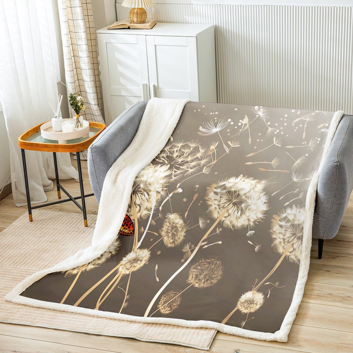 Erosebridal Dandelion Fleece Blanket Throw Size, Kids Butterfly Throw Blanket, Dandelions in Countryside Plush Bed Blanket for Women Teens Adult Bedroom Decor, Farmhouse Rustic Sherpa Blanket