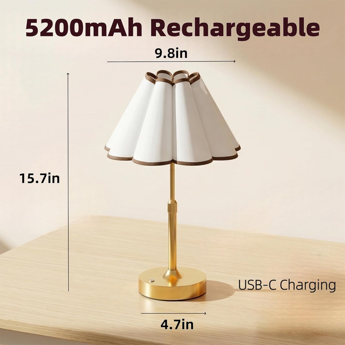 Gold Cordless Table Lamp, Rechargeable Portable Lamp with 5200mAh Battery, 3-Color Touch Control & Stepless Dimming, Adjustable Height for Bedroom, Nightstand, Desk – 14H Wireless Lamp with USB-C Gold
