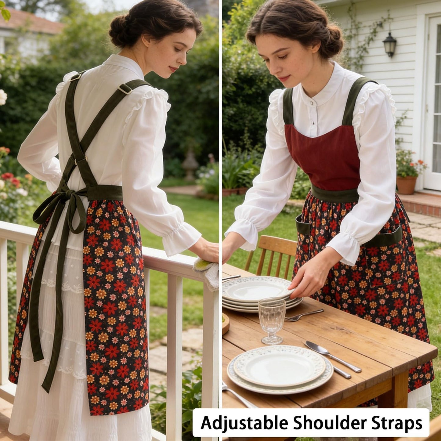 Uaussi Pinafore Apron Dress for Women Adjustable Floral Work Aprons for Kitchen Cooking Baking Gardening with Pockets