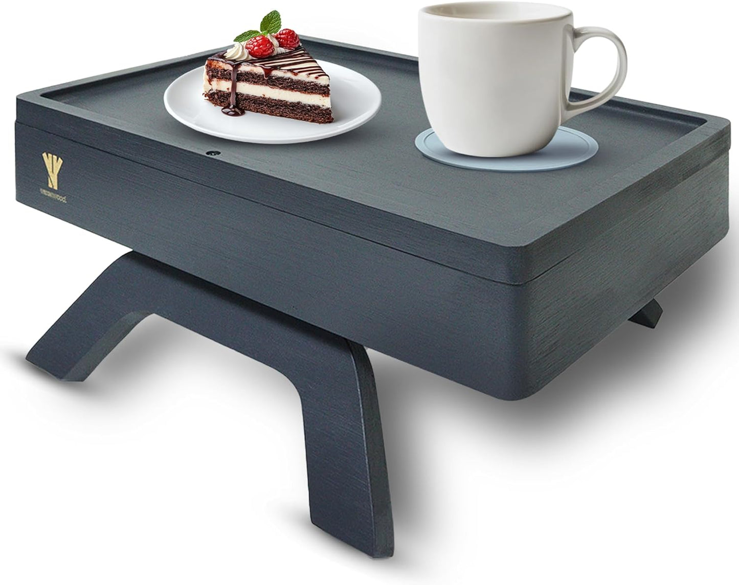 Bamboo Couch Arm Table, Sofa Arm Tray, 360 Rotating Table, Clip On Side Table for Couch, Perfect Size for Remotes, Storage and Includes 4 Bonus Coasters, 13x9.25x2.5in, Grey