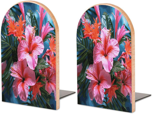 Pink Flower Tropical Plant Bookend for Shelves Wooden Book End Large Size Sturdy Book Holders Stoppers with Metal Base for Bookshelves Slick Decorative Bookends Stands