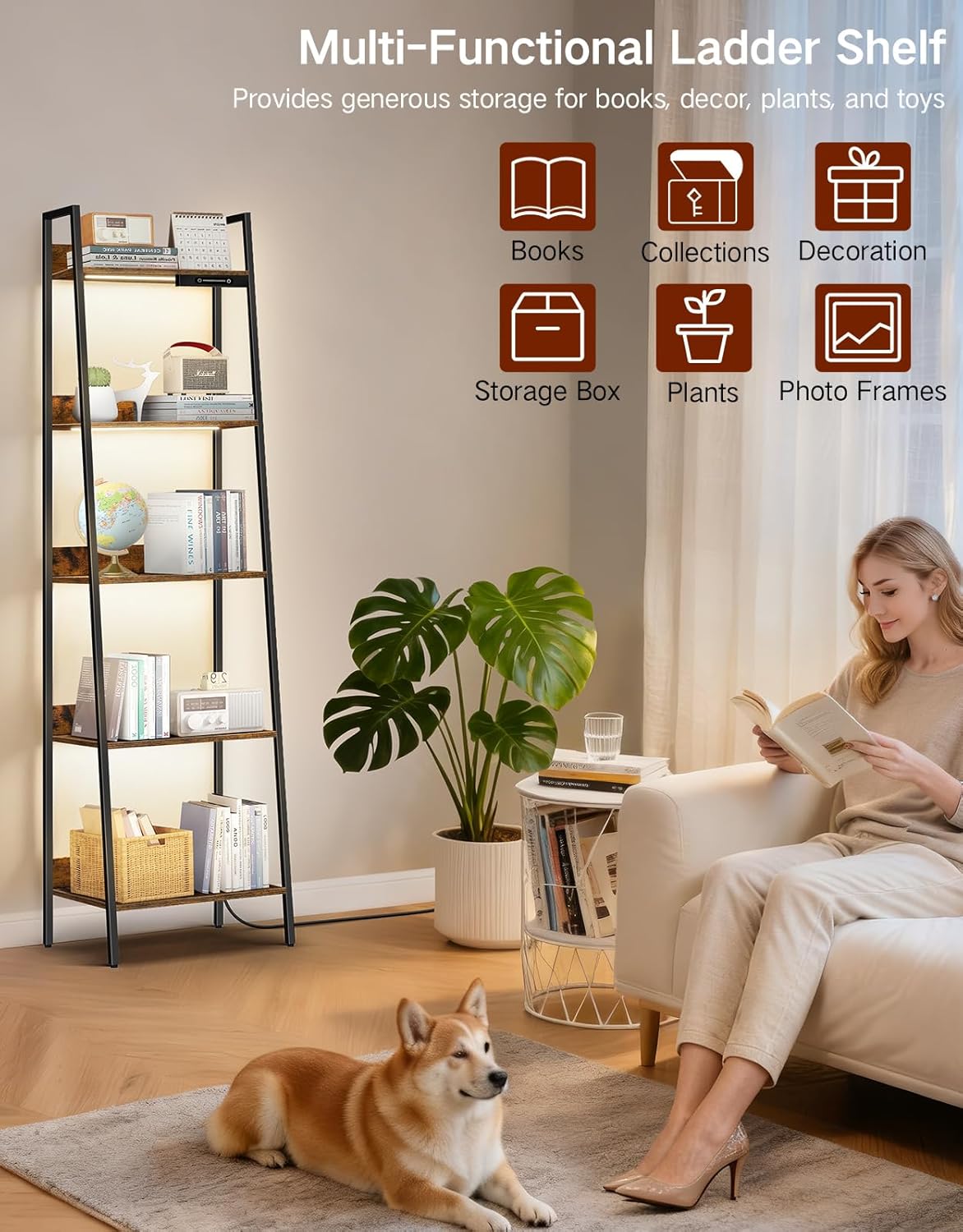 5-Tier Small Ladder Shelf with LED Lights, Touch & Remote Control, 3 Color Temperatures, Dimmable Tall Corner Standing Bookcase, Metal Wood Display Shelf for Living Room, Bedroom
