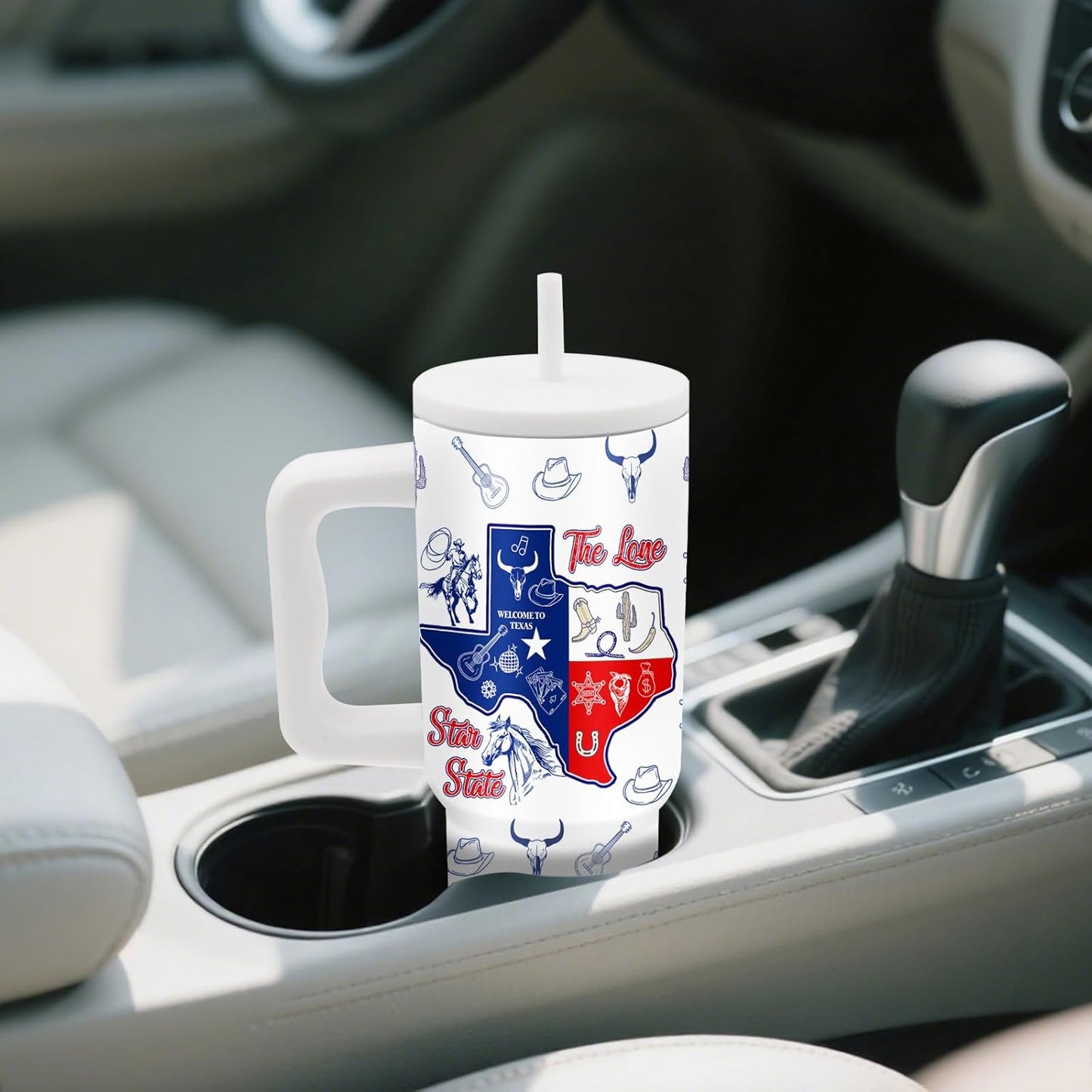 Texas Themed Gifts - 24 oz Texas Tumbler with Handle and Straw, Insulated Stainless Steel Cup, Leakproof, Stylish Cowboy Texases Design Travel Mug for Women, Fits Car Cup Holders, Keeps Drinks Cold