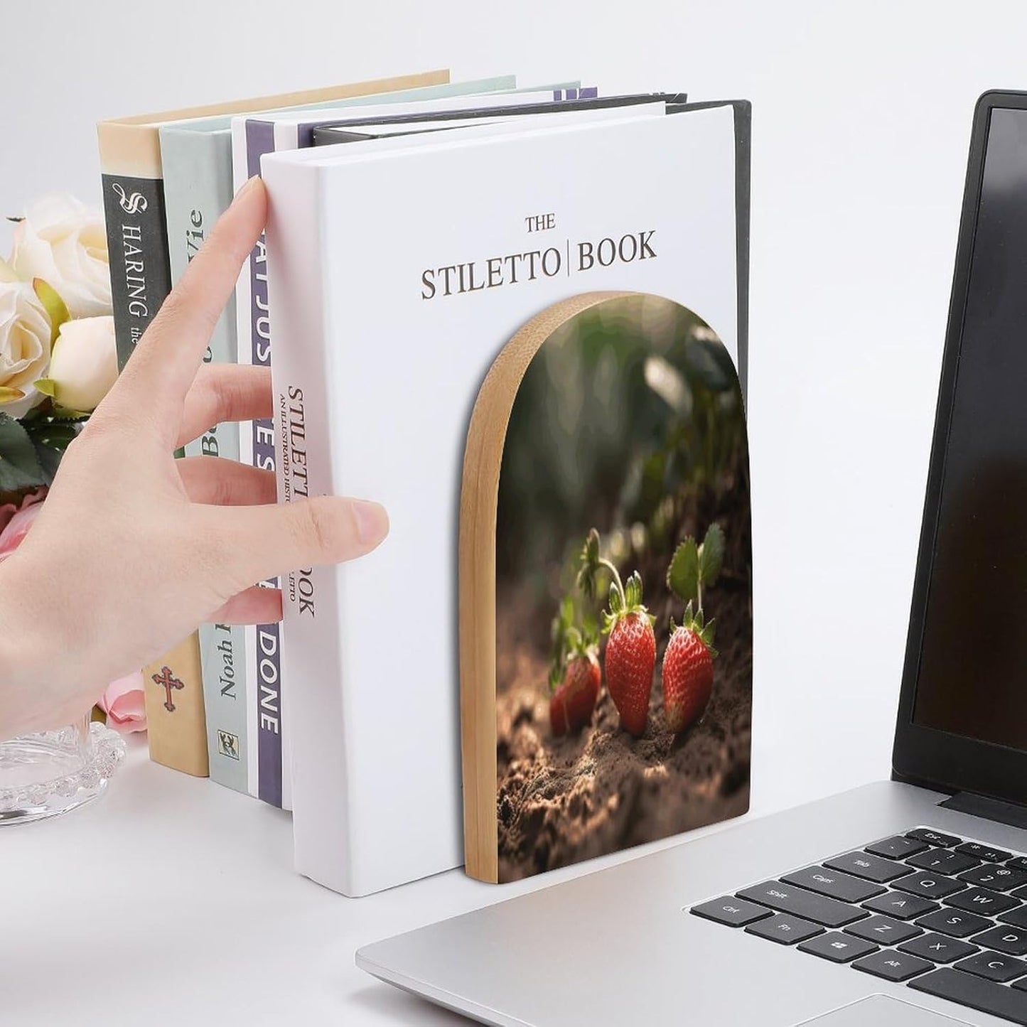 Strawberries in The Soil Bookend for Shelves Wooden Book End Large Size Sturdy Book Holders Stoppers with Metal Base for Bookshelves Slick Decorative Bookends Stands
