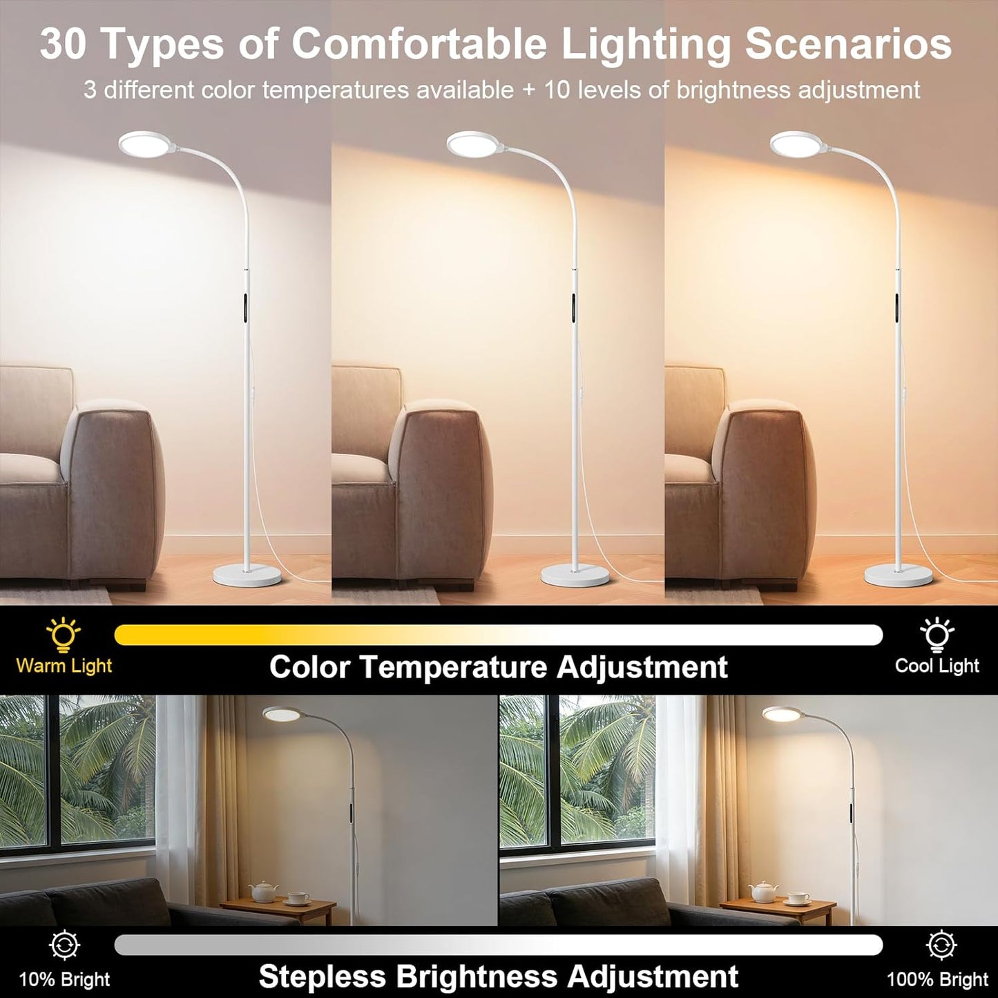 White Bright Floor Lamps with Remote, Touch Control Nursery & Bedroom Lamp, Dimmable Kids Light with Adjustable Color, Gooseneck Standing Lamp for Reading, Living Room, Office, Library, Pharmacy Table