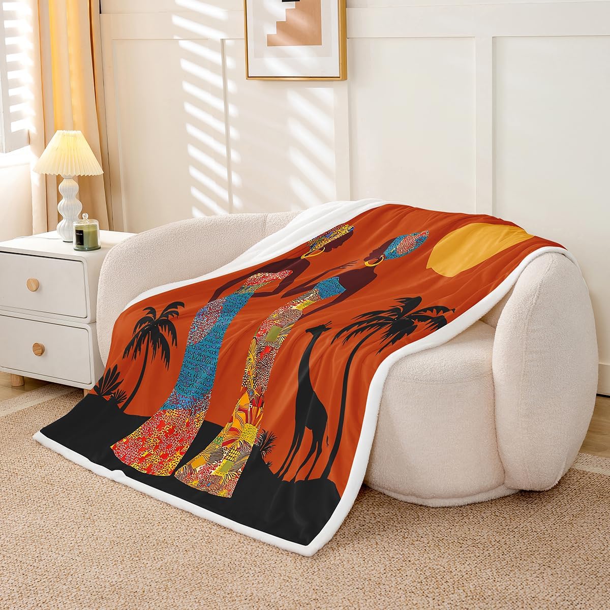 African Woman Themed Warm Plush Blanket Brown African Pattern Fleece Blanket Ethnic Afro Giraffe Sherpa Throw Blanket for Sofa Couch Women Room Decor Black Palm Tree Print Blanket Throw 50"x60"