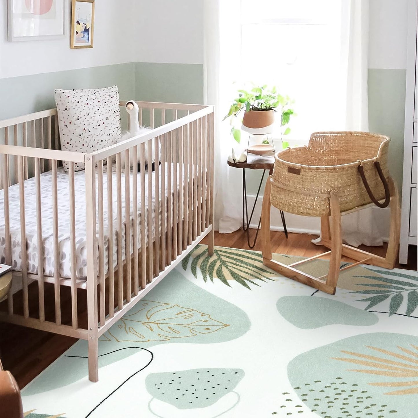 Seavish Boho Area Rugs for Bedroom Aesthetic 3x5 Green Abstract Rugs for Living Room Soft Botanical Print Kids Nursery Playroom Rug Mid Century Modern Leaf Rug for Entryway Office Classroom Dorm