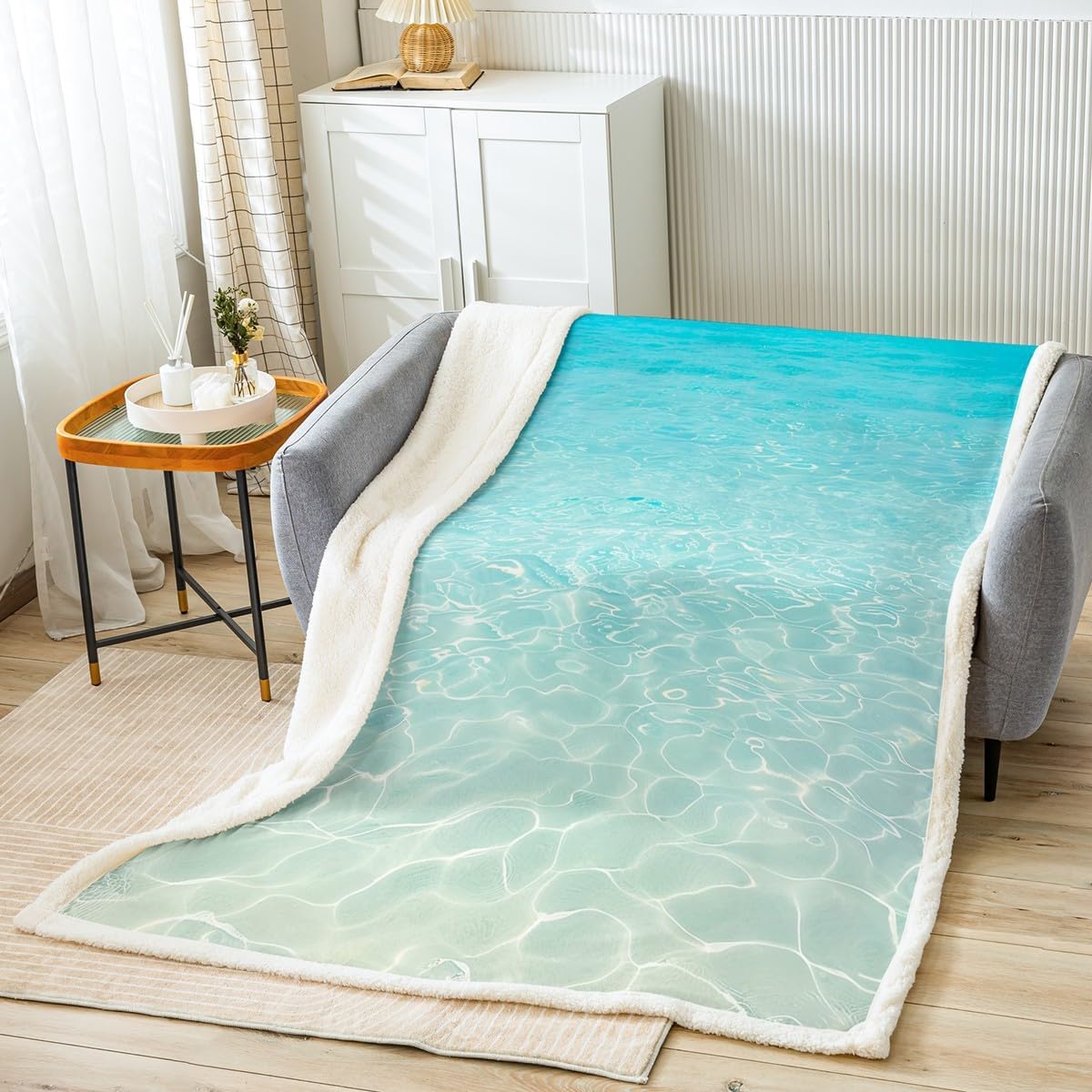 Clear Sea Water Print Sherpa Fleece Blanket Blue Ocean Gold Undersea Sand Throw Blanket Hawaii Seaside Fuzzy Soft Blanket Bed Couch,Twin Size (60 x 80 Inches)
