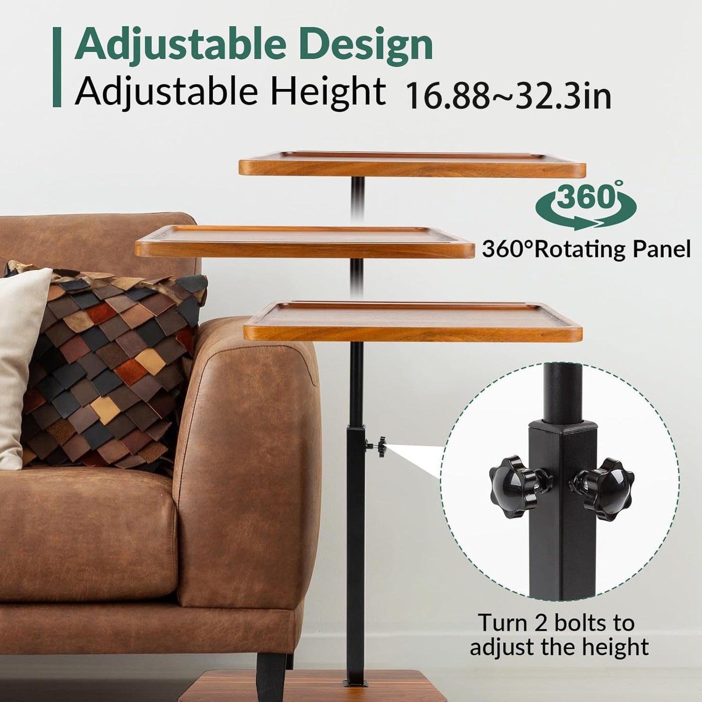 Large Solid Wood Acacia Wood Couch Table,Height Adjustable C Table with Phone & Tablet Slot,Swivel TV Trays for Eating on Couch, Bedroom or Livingroom, Oblong