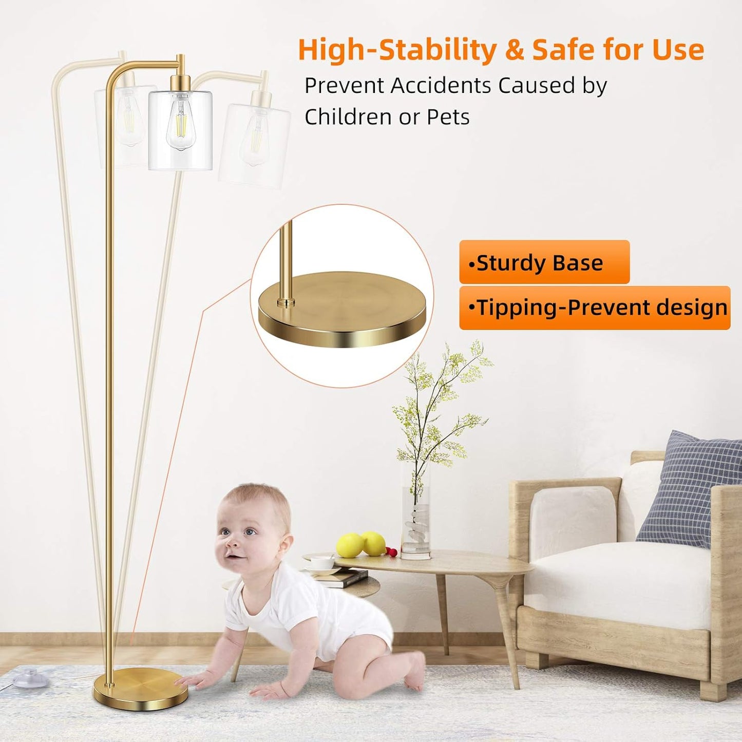 Industrial Floor Lamp with Hanging Glass Shade Brass Gold Farmhouse Indoor Pole Light with Edison E26 Base Vintage Rustic Standing Tall Lighting for Living Room Bedroom Office( ST64 Bulb Included)