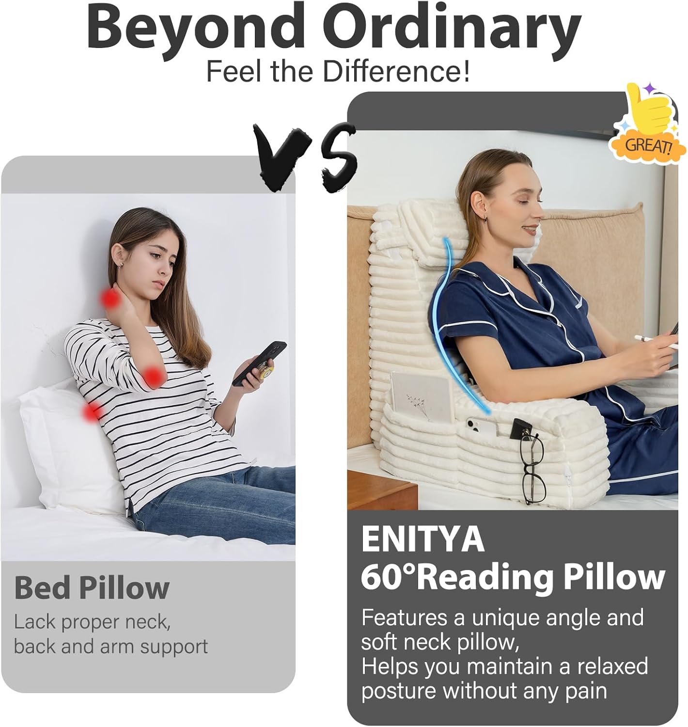 ENITYA Back Pillow for Bed Sitting up, Reading Pillow for Sitting in Bed Adult, Back Support Wedge for Reading/Resting/Post Surgery/Watching TV/Gaming,Ivory