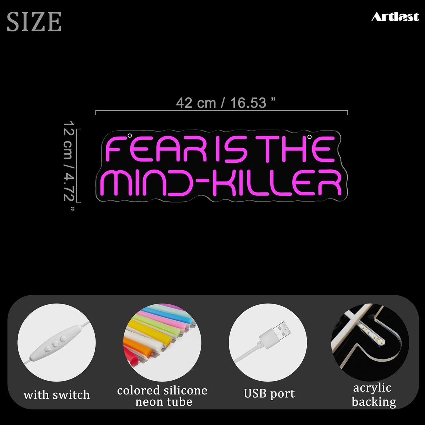 Fear is the Mind-Killer LED Neon Sign 16.5" x 4.7" Dimmable Pink Motivational Quote Wall Decor Inspiring Sci-Fi Literature Sign for Home Office, Library, Gaming Room & Study - USB Powered