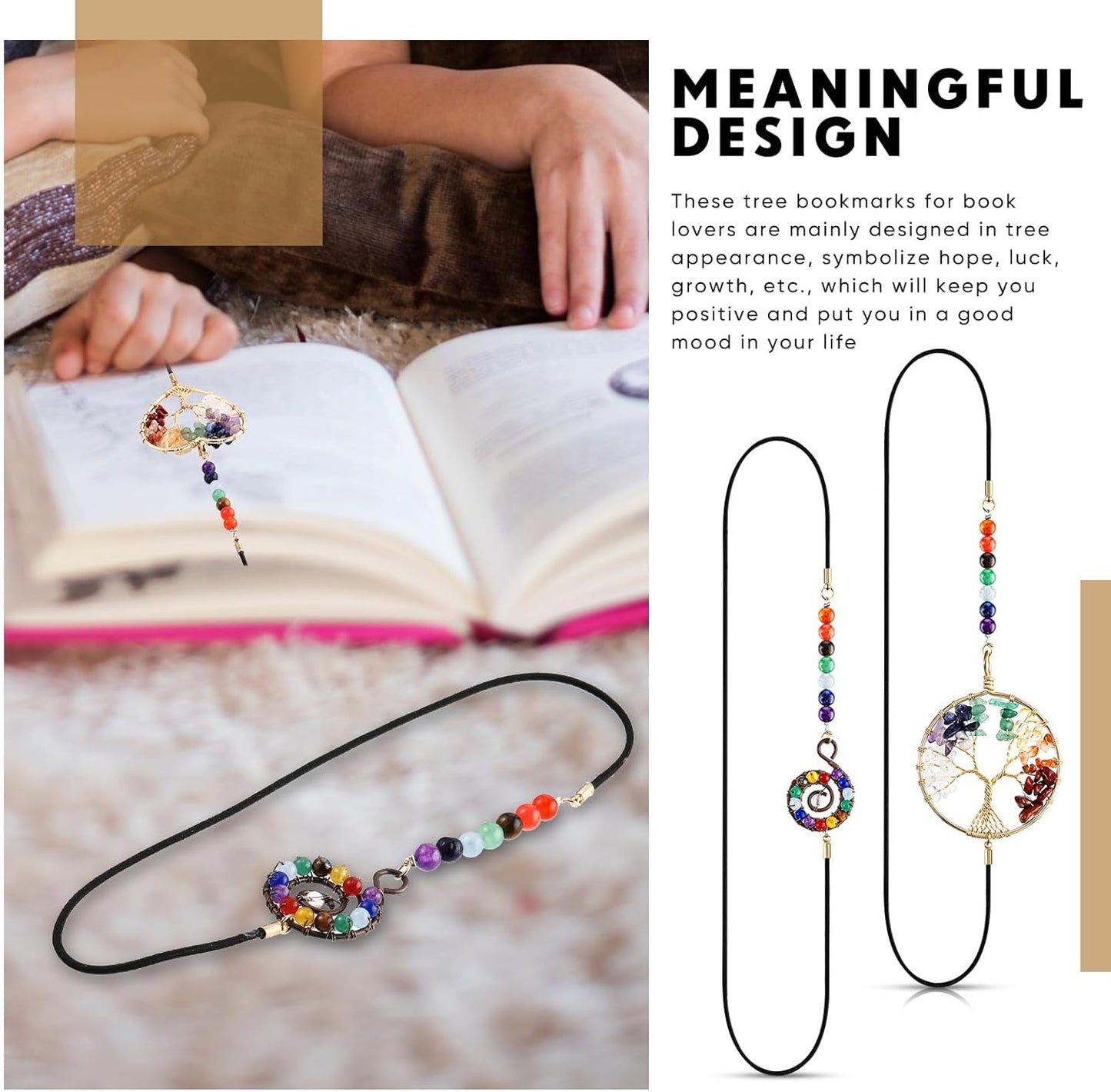 Sabary 4 Pieces Crystal Bookmarks for Book Lovers Tree Elastic Bookmark for Women Handmade Antique Beading 7 Chakra Crystals Tree Shape for Office Teacher Student Reading Birthday Gifts