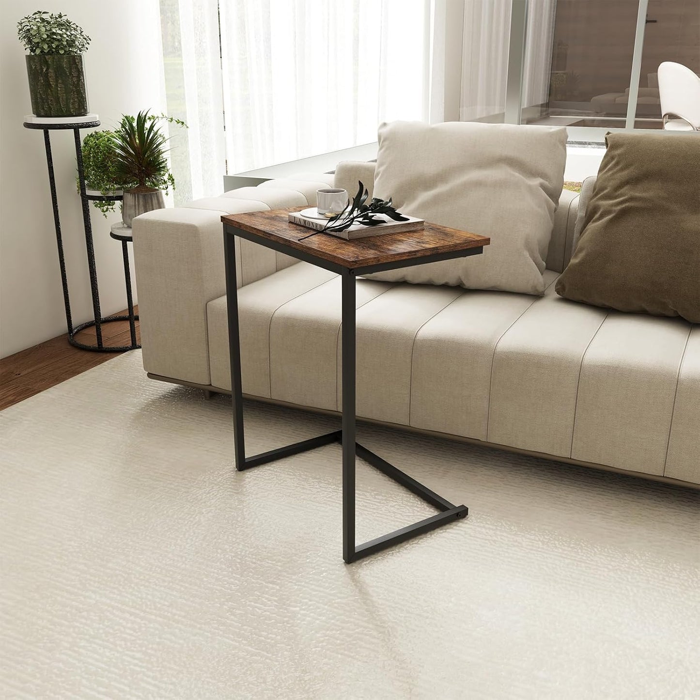 GOFLAME C Shaped End Table, Small Snack Side Table for Sofa, Couch, Bed, Laptop Table, TV Trays with Metal Frame for Living Room, Bedroom, Small Space, Rustic Brown