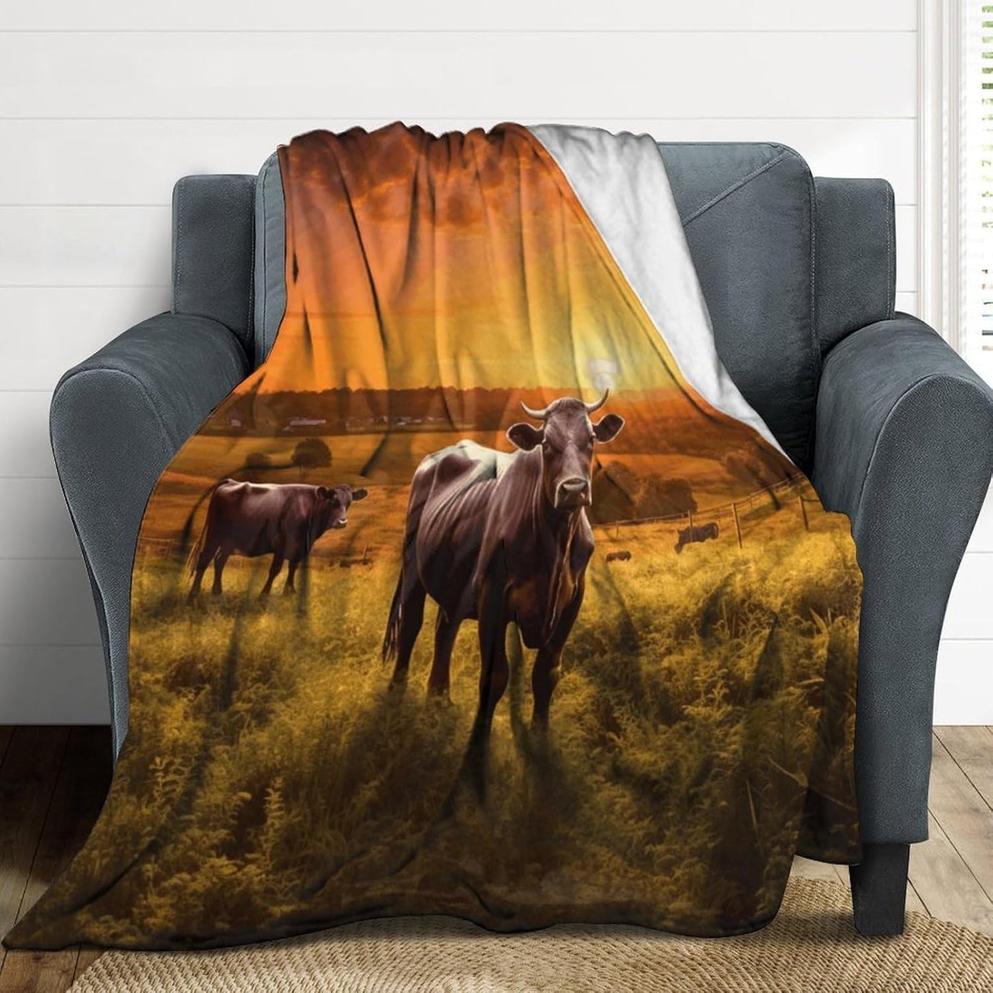 Cow and Sun Orange Sky Throw Blanket for Couch Super Soft Warm Lightweight Throw Blankets Cozy Flannel Bed Blanket Cute Decorative Blankets for All Seasons Home Decor Gift 30"*40"（76 * 100cm）